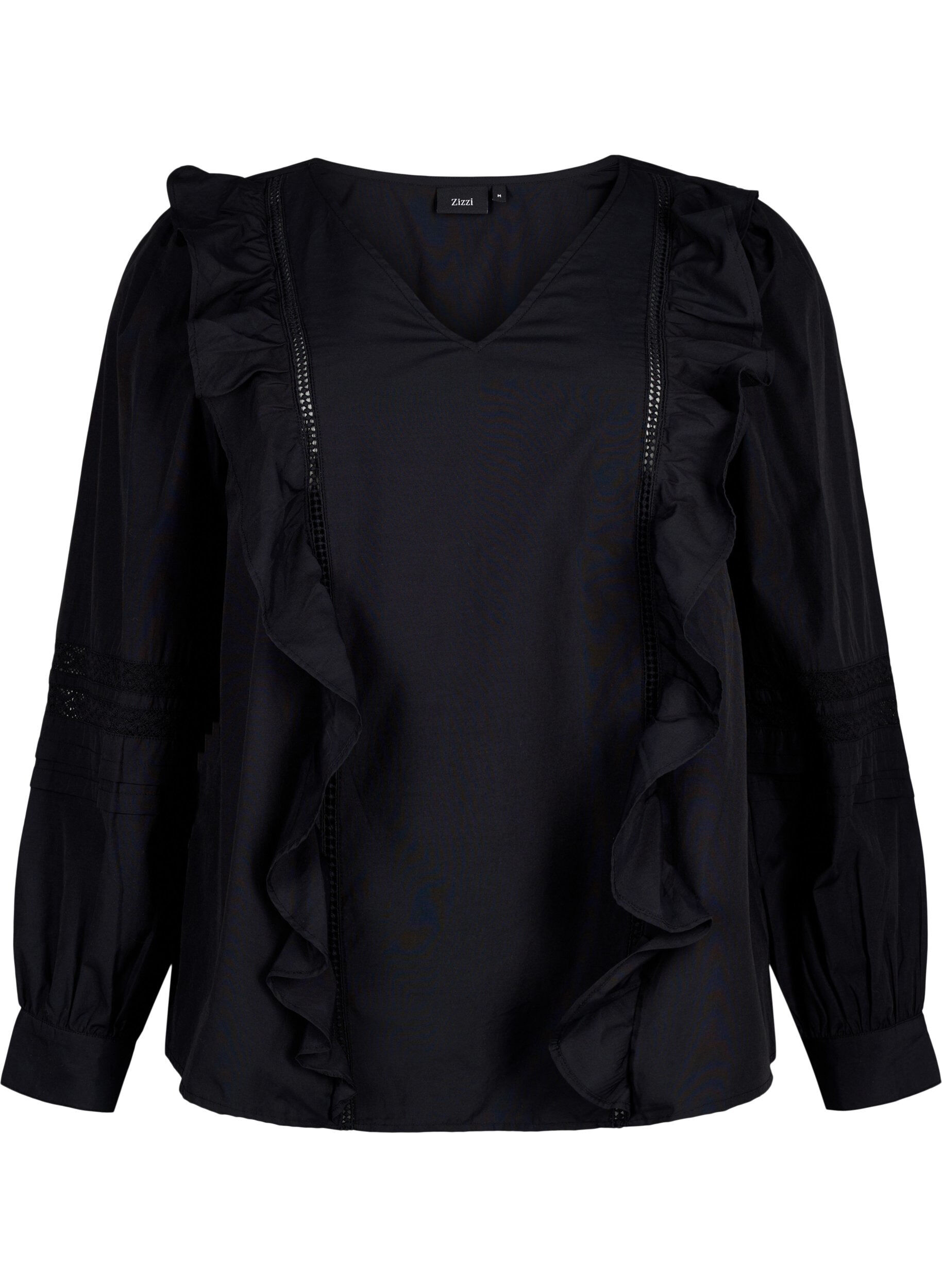 Zizzi Bluse mit Ruffles und Lace Trim, Schwarz, Packshot image number 0