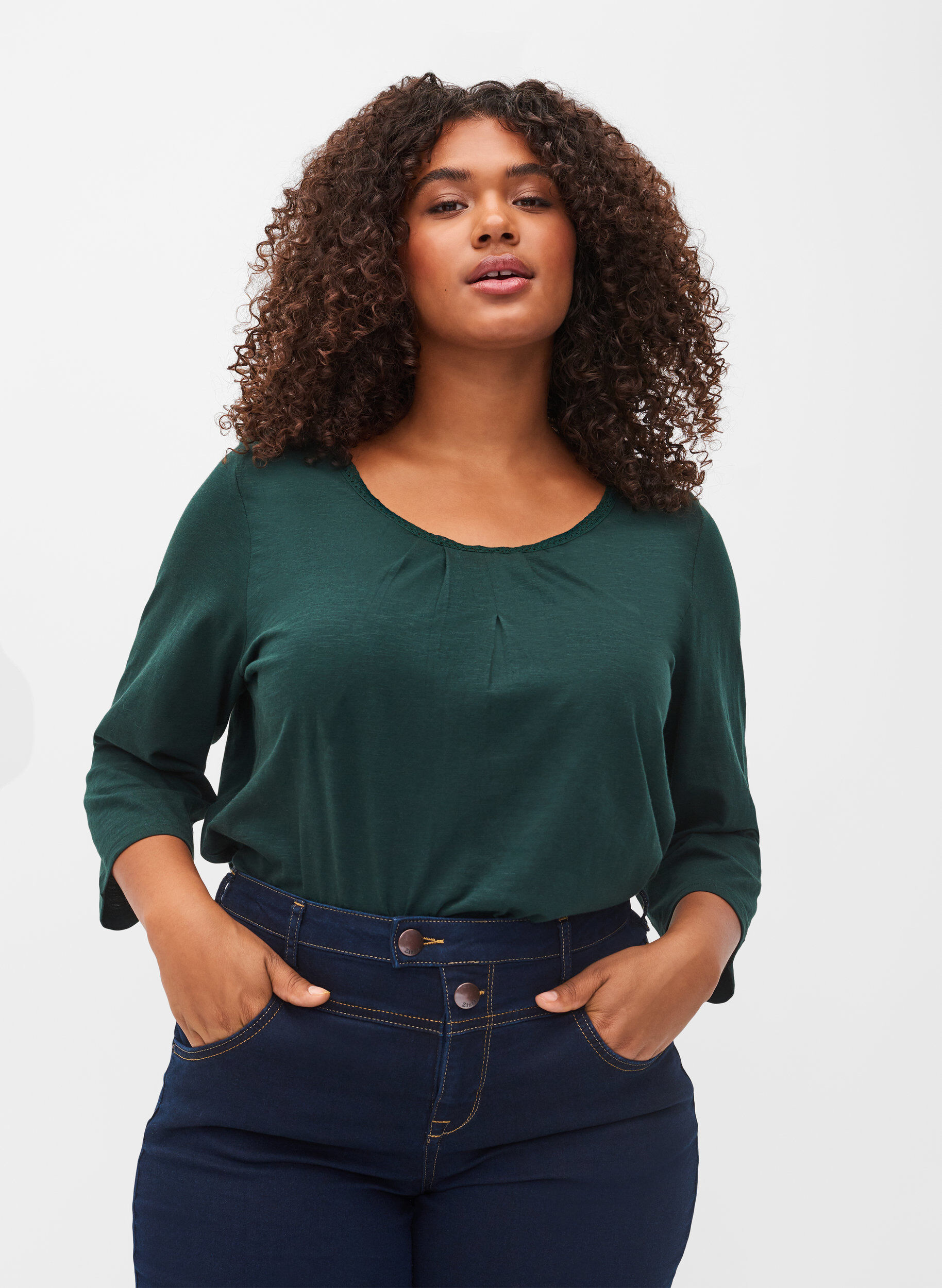 Zizzi Baumwollbluse mit 3/4 &Auml;rmeln, Scarab, Model image number 0