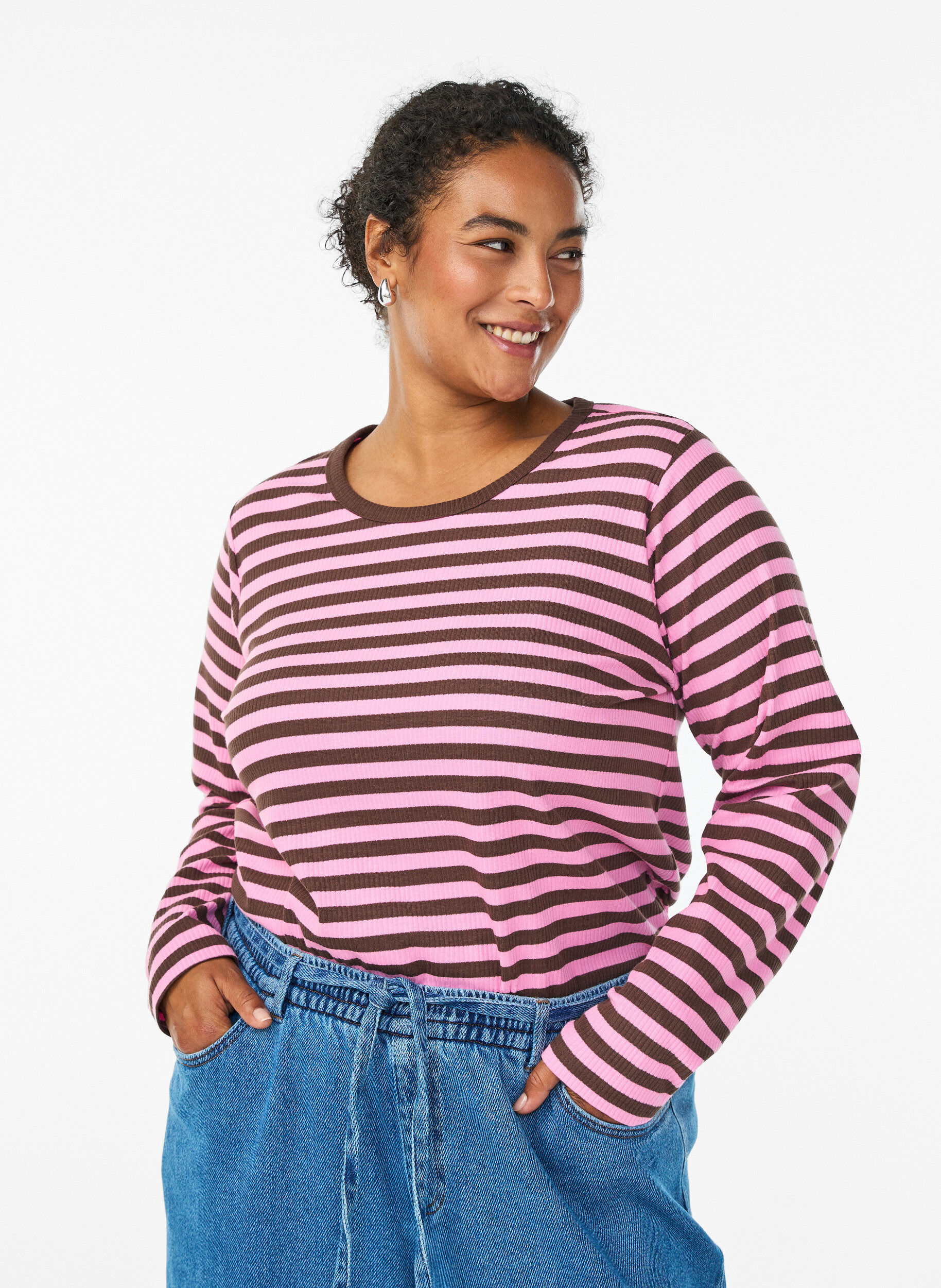 Zizzi Gestreifte Bluse mit langen &Auml;rmeln, Dunkles Bordeaux, Model image number 0