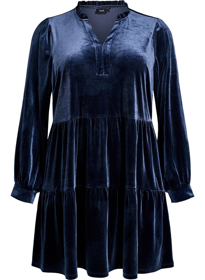 Kurzes Kleid aus Velours mit R&uuml;schenkragen und langen &Auml;rmeln, Blau, Packshot image number 0