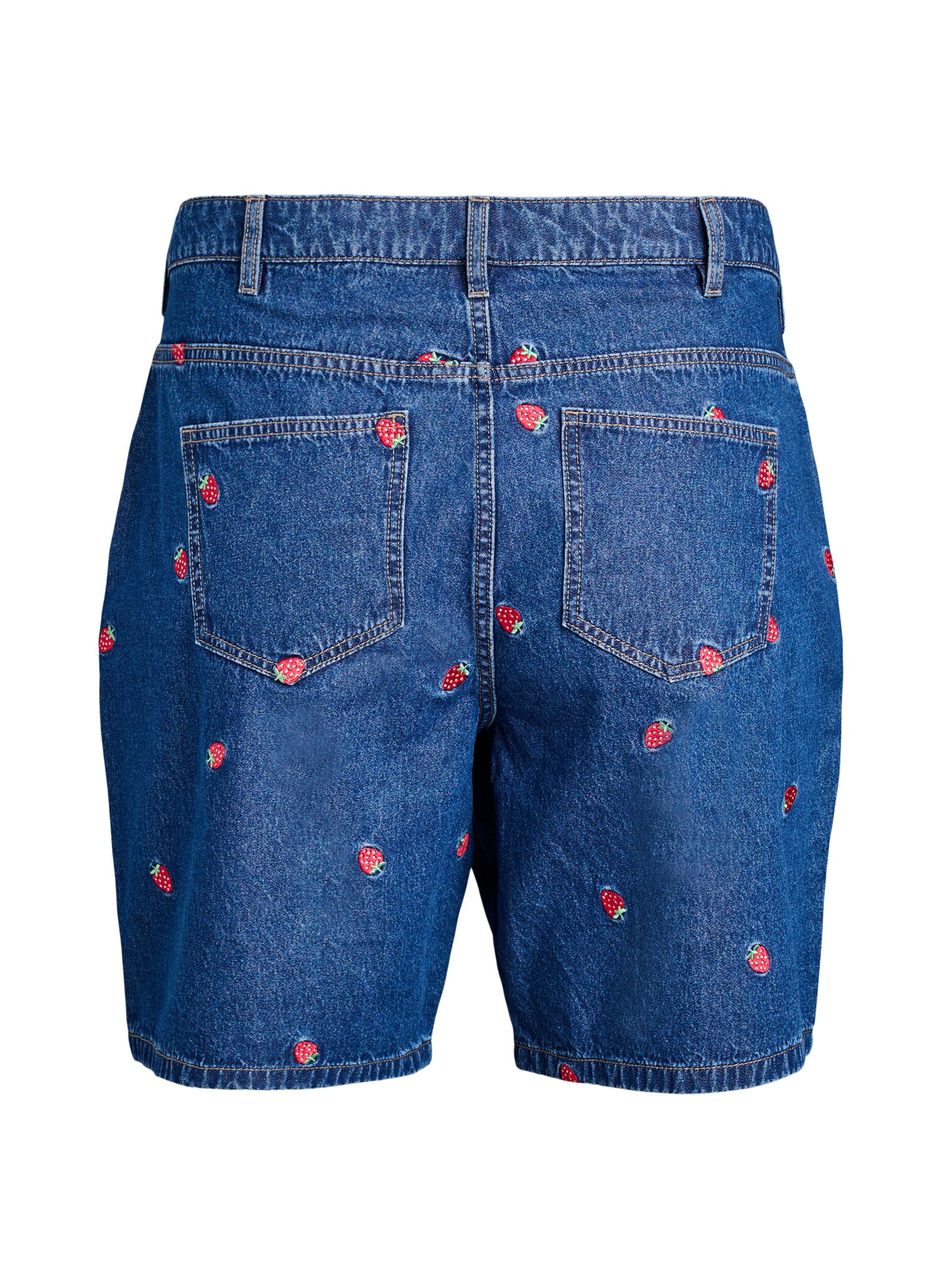 ZizziDenim-Shorts mit gesticktem Erdbeermotiv, Blau, Packshot image number 1