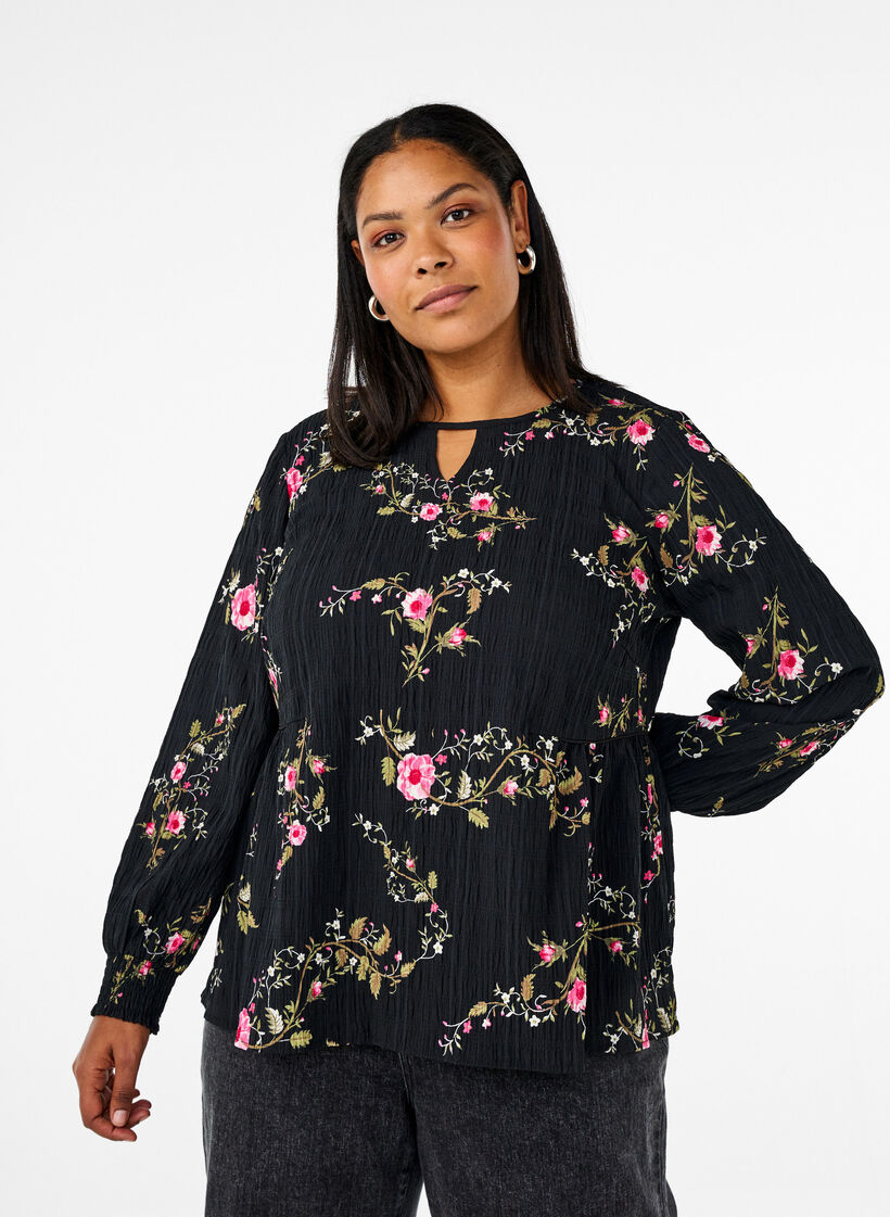 Lang&auml;rmelige Bluse mit gebl&uuml;mtem Muster, Schwarz, Model image number 0