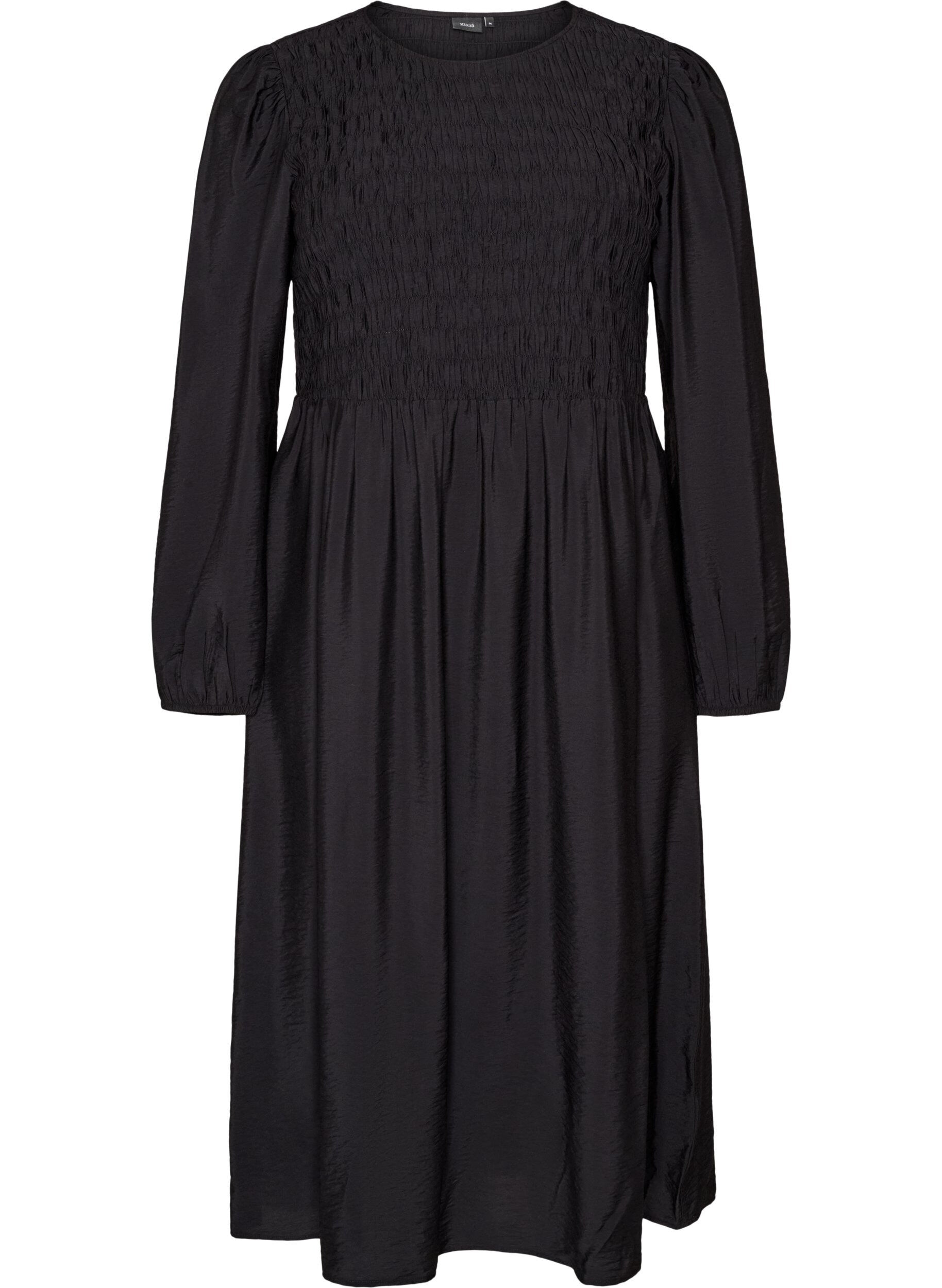 ZizziMidikleid aus Viskose mit Smock, Schwarz, Packshot image number 0