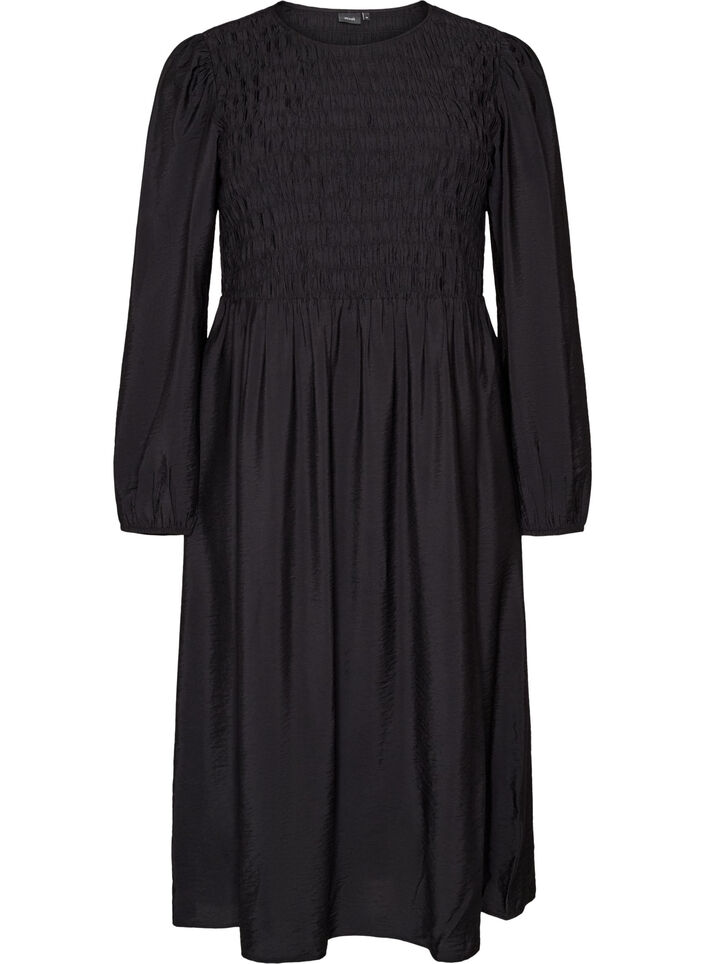Midikleid aus Viskose mit Smock, Schwarz, Packshot image number 0