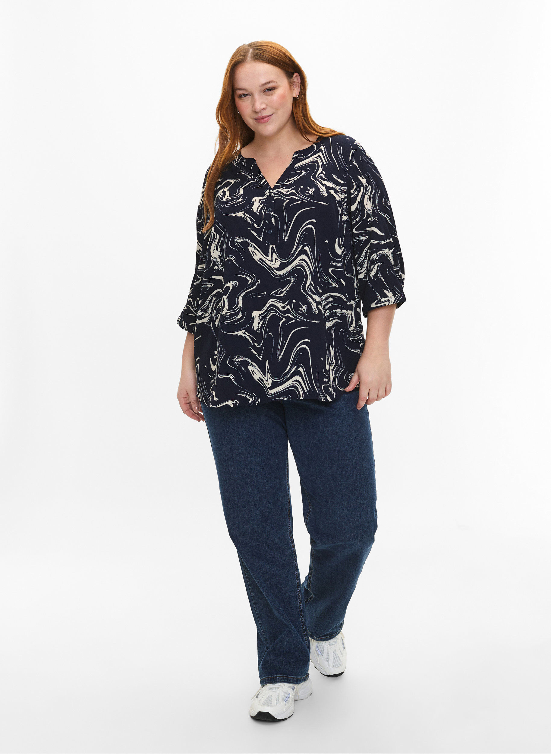 Zizzi Florale Bluse mit 3/4-&Auml;rmeln, N. Blazer Swirl AOP, Model image number 2