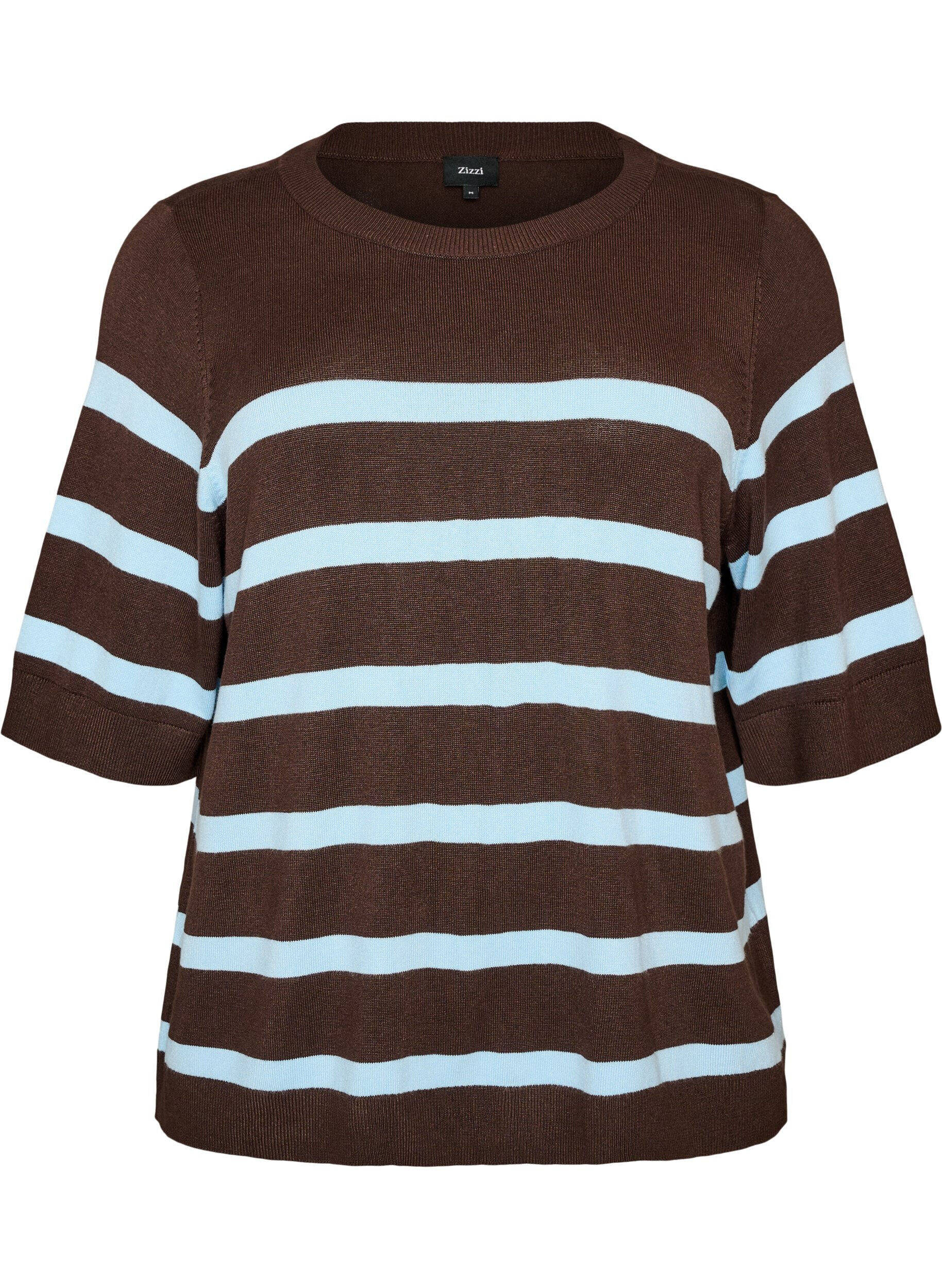 ZizziGestreiftes Stricktop mit kurzen &Auml;rmeln, Braun, Packshot image number 0