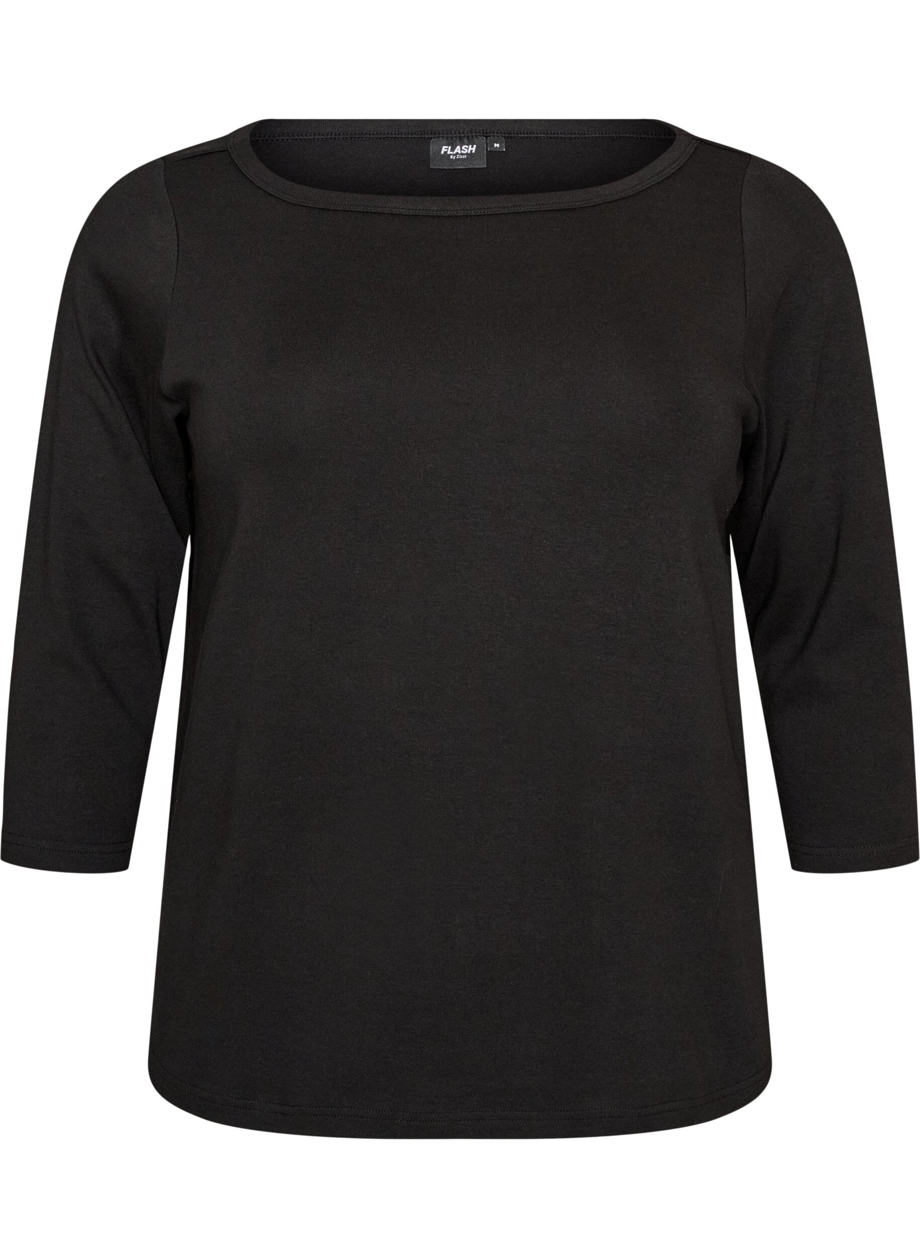 ZizziBasic-T-Shirt mit U-Boot-Ausschnitt und 3/4-&Auml;rmeln, Schwarz, Packshot image number 0