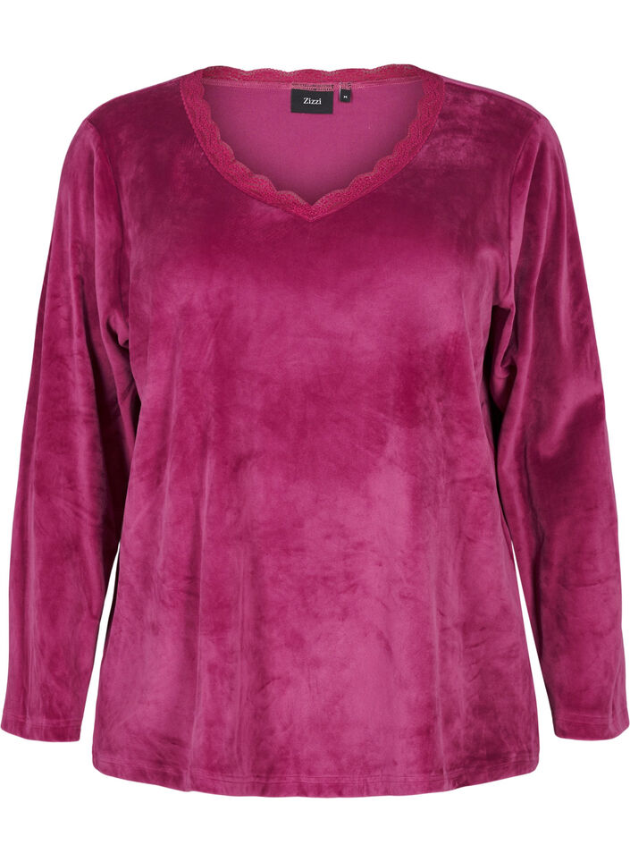 Veloursbluse mit V-Ausschnitt, Boysenberry, Packshot image number 0