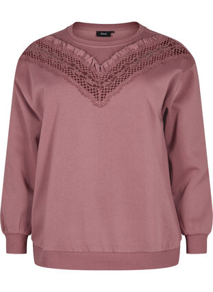 Sweatshirt mit Rüschen und Häkeldetail, Rose Brown, Packshot image number 0