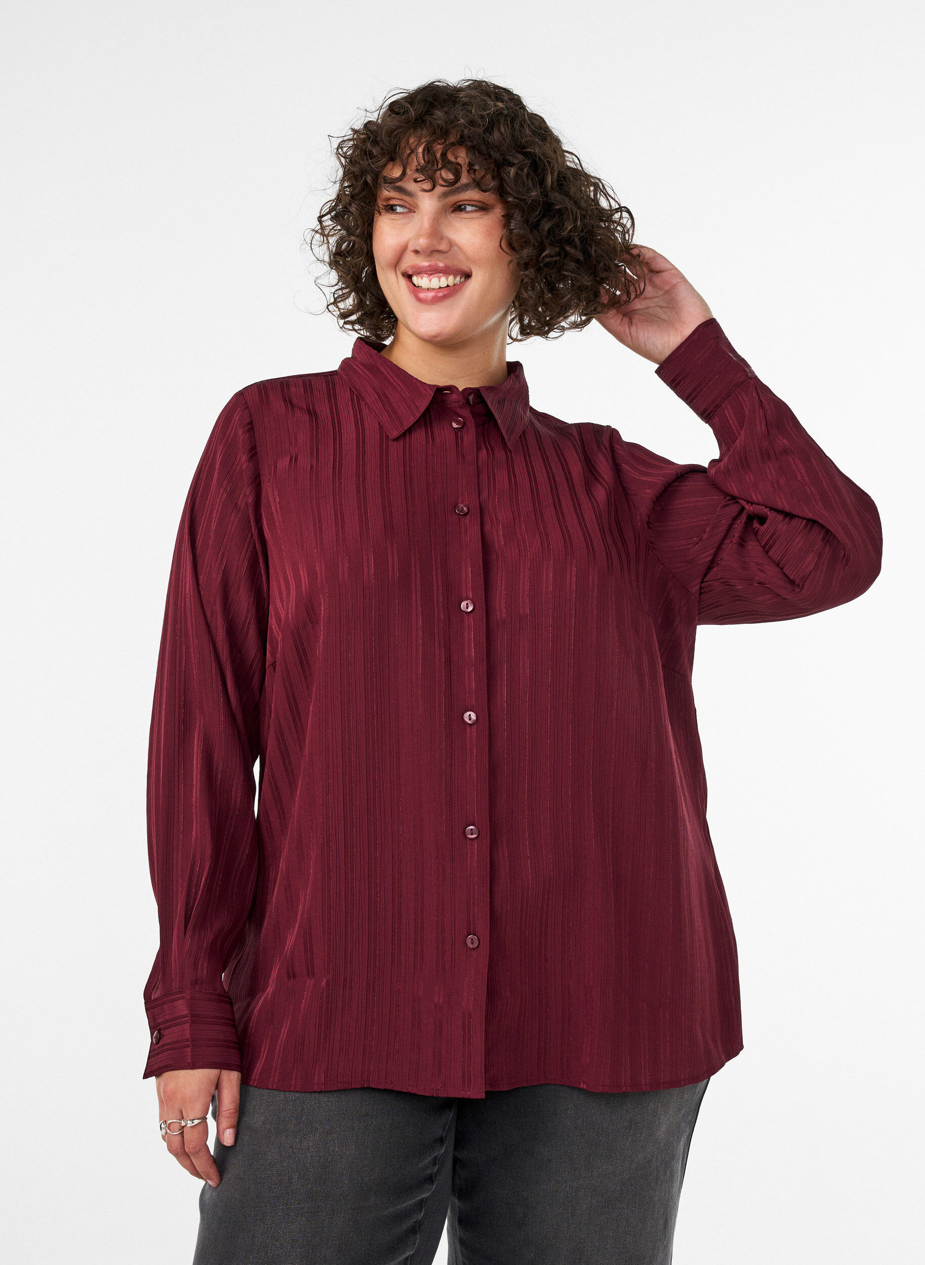 Bluse mit Strukturstreifen und Glitzerf&auml;den, Rot, Model