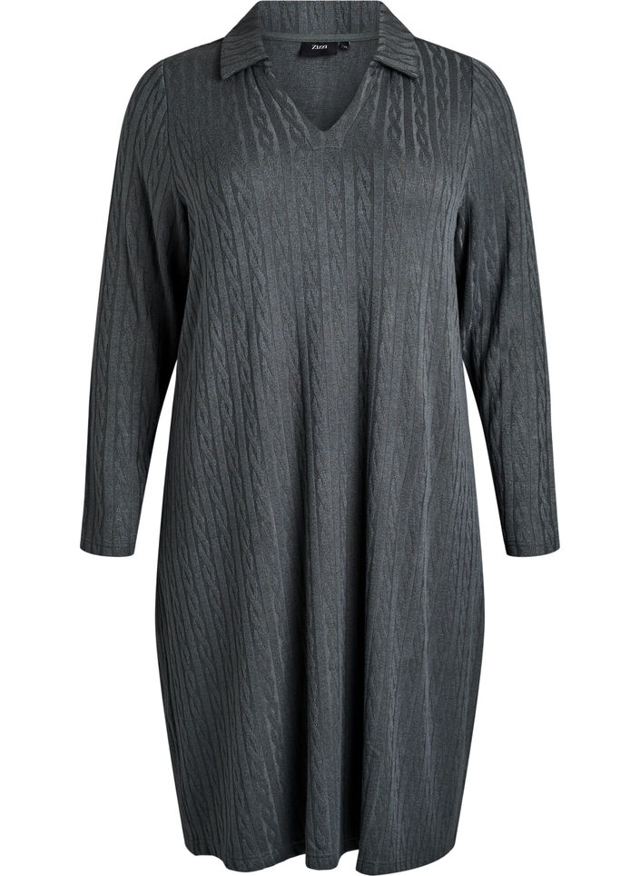 Kleid mit Zopfmuster und V-Ausschnitt, Grün, Packshot image number 0