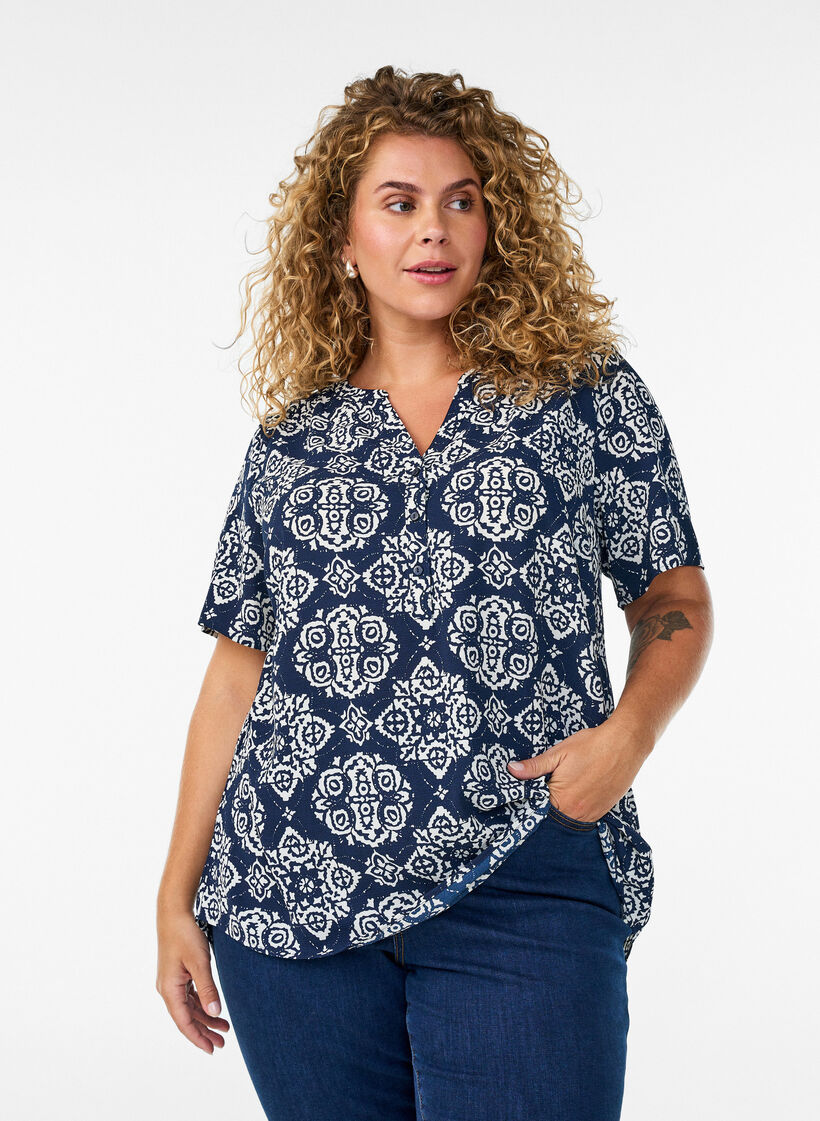 Bluse mit kurzen &Auml;rmeln und V-Ausschnitt, Blau, Model image number 0
