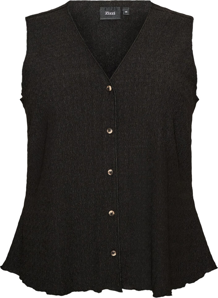 &Auml;rmelloses Top mit welliger Struktur und Knopfverschluss, Schwarz, Packshot image number 0