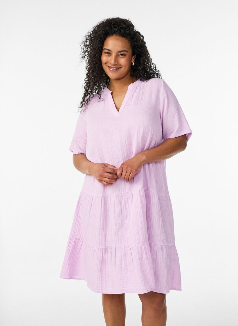 Kurzes A-Linien-Kleid aus Baumwollmusselin, lila, Model image number 0