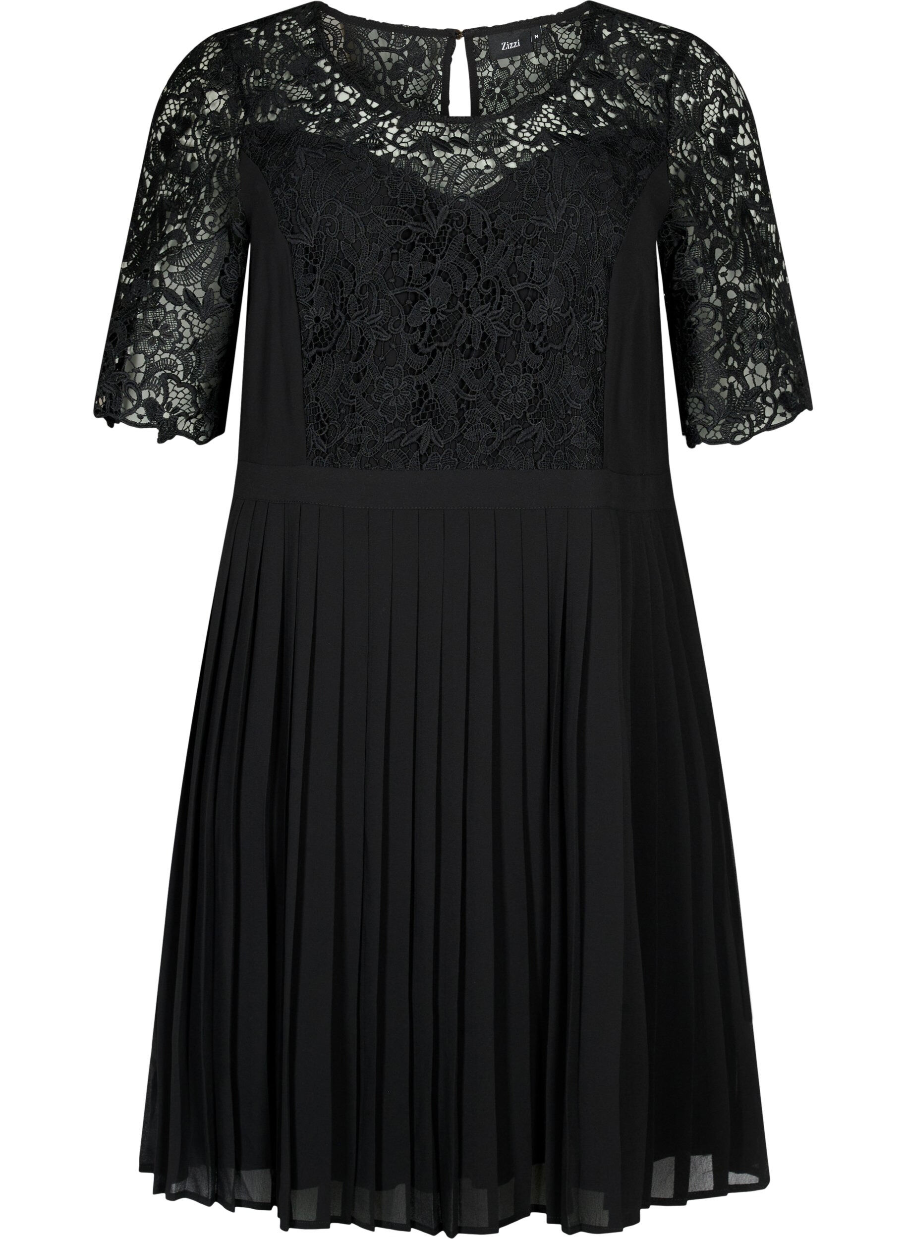 Zizzi Kurz&auml;rmeliges Kleid mit Spitzenoberteil, Black, Packshot image number 0