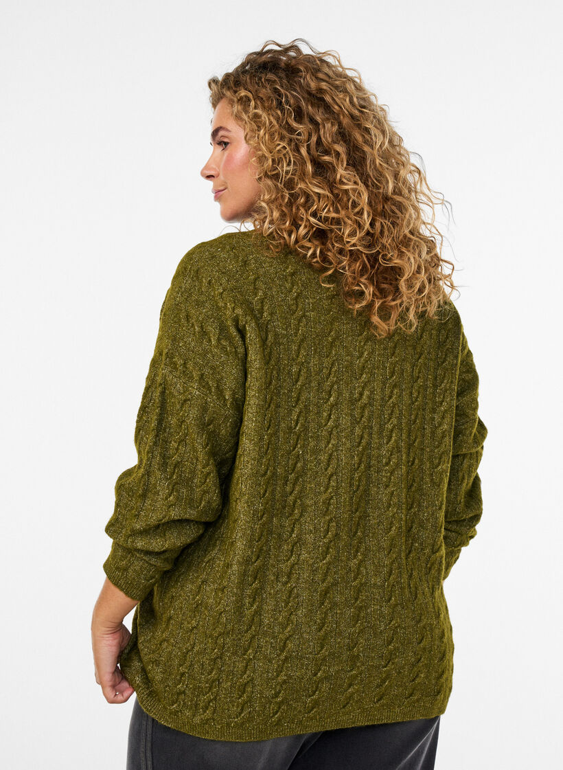 Bluse aus Strick mit Zopfmuster und V-Ausschnitt, Gr&uuml;n, Model image number 2