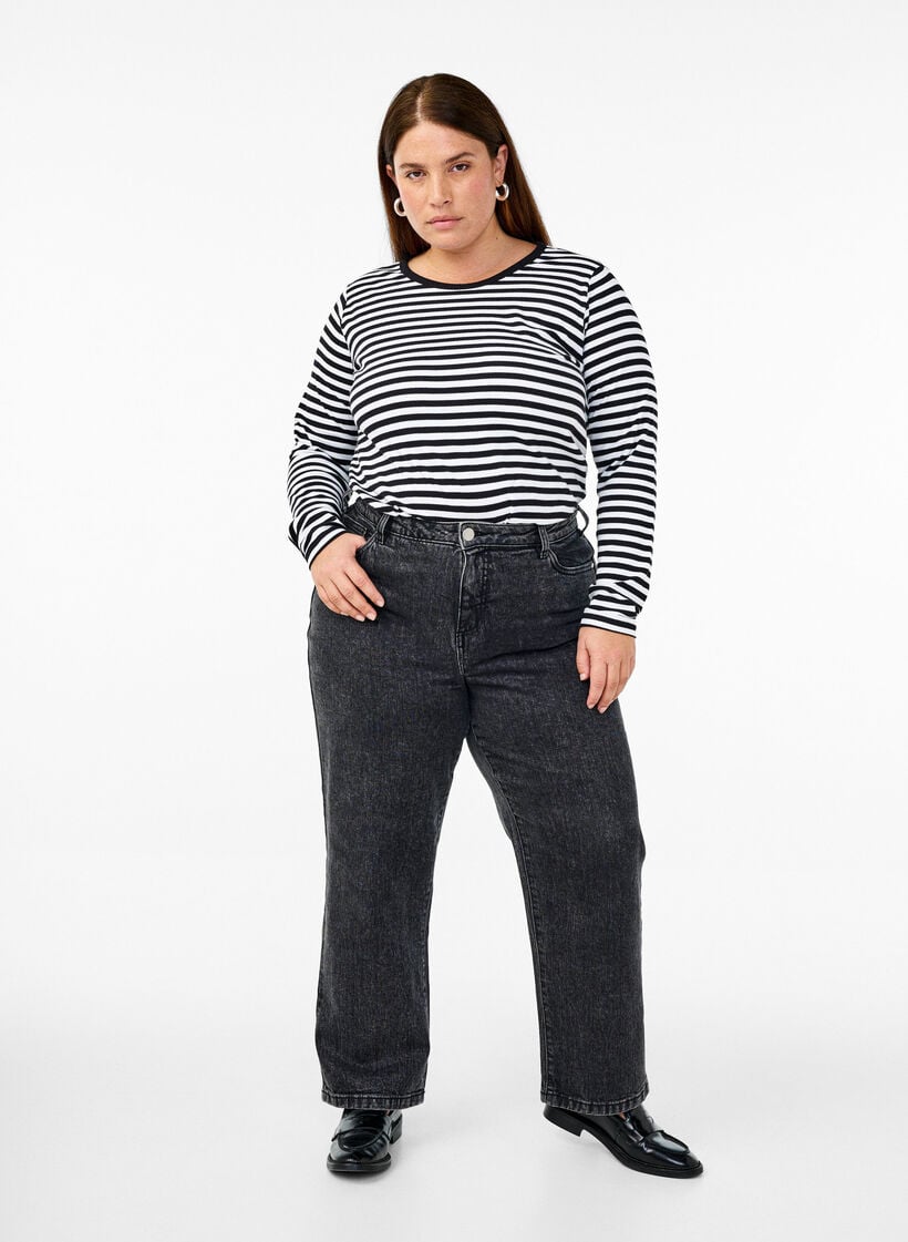 Gestreifte Bluse mit langen &Auml;rmeln, Schwarz, Model image number 1