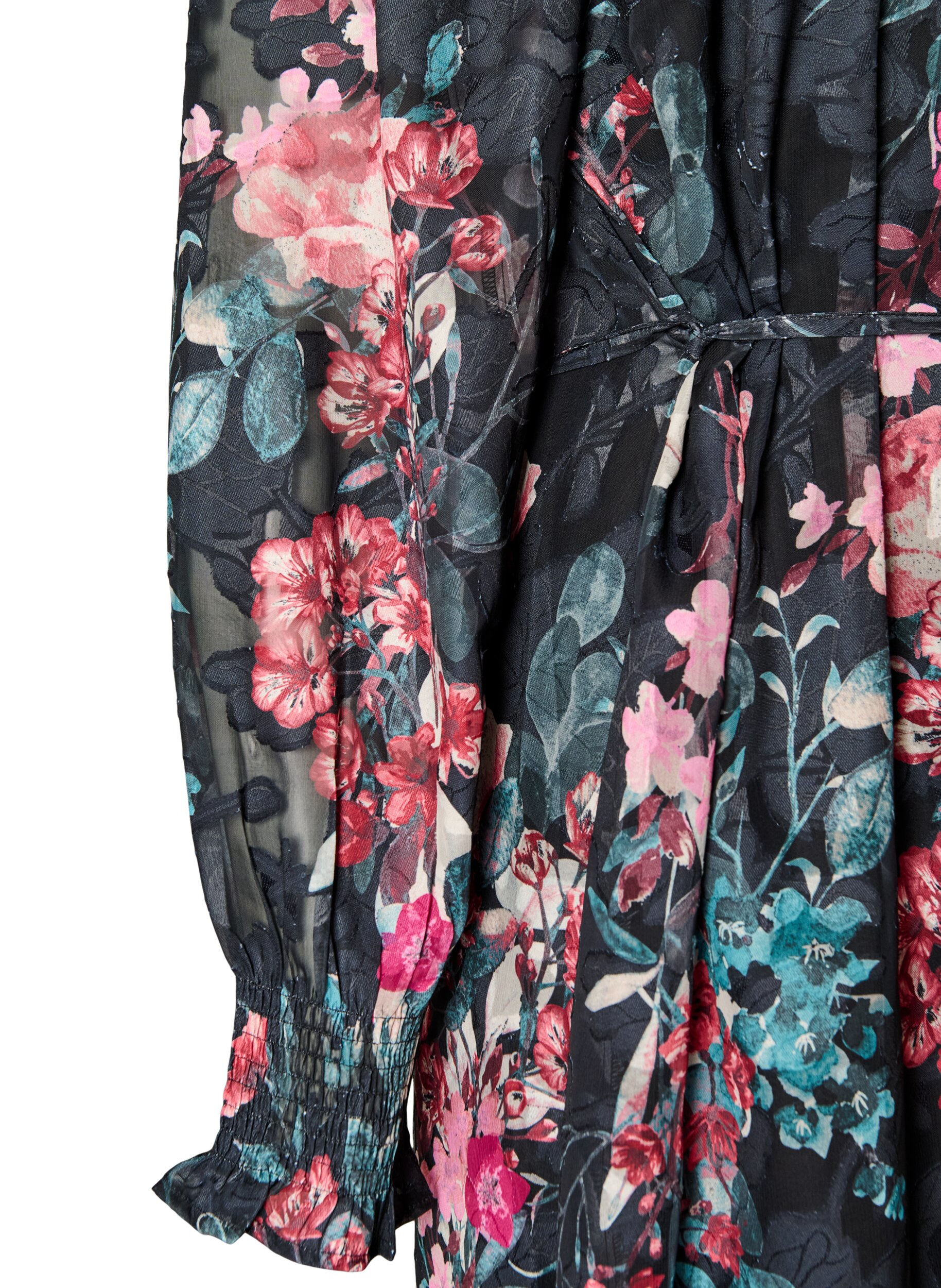 ZizziGebl&uuml;mtes Midikleid mit Webstruktur und Bindeg&uuml;rtel, Schwarz, Packshot image number 3