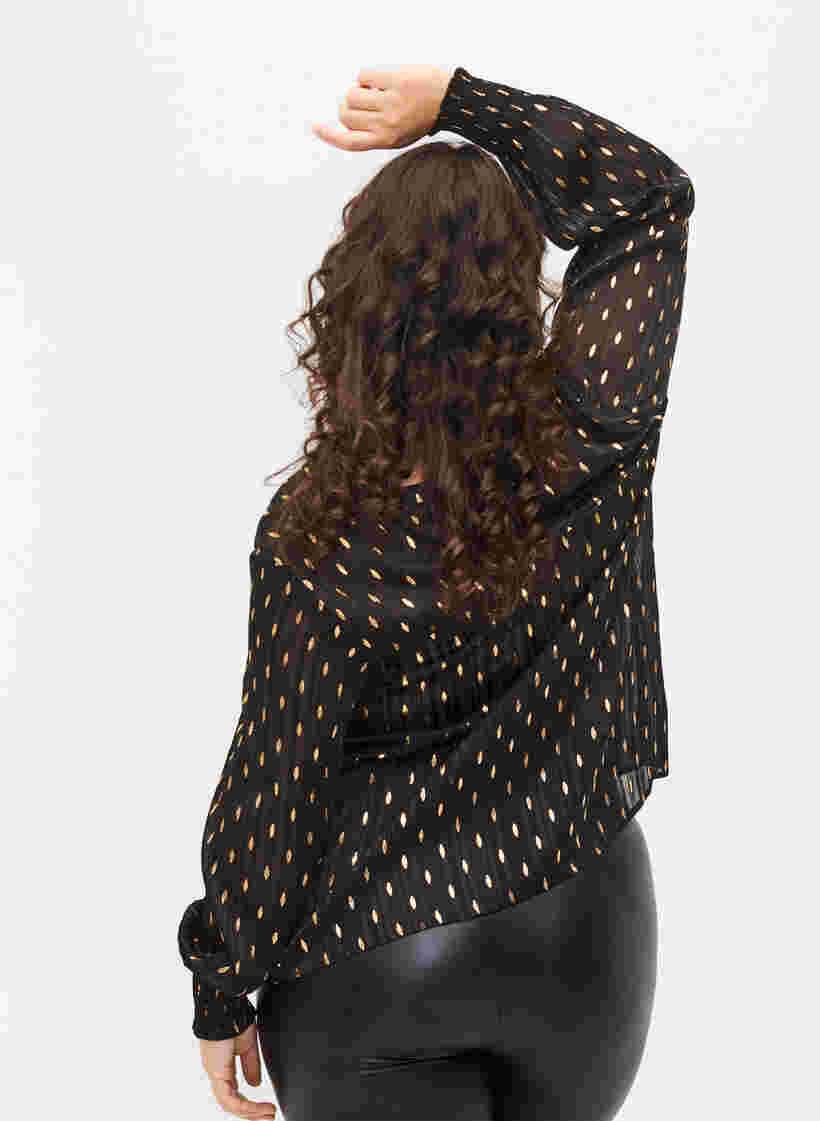 Bedruckte Bluse mit Smock und V-Ausschnitt, Black w. Gold, Model image number 1