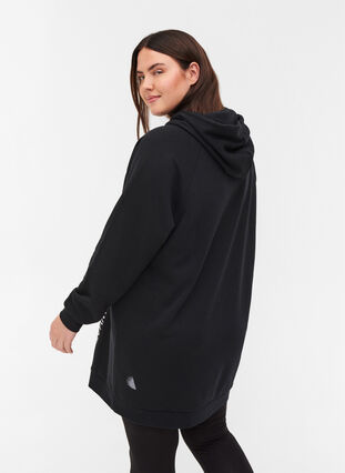 Langes Sweatshirt mit Kapuze und Printdetails, Black, Model image number 1
