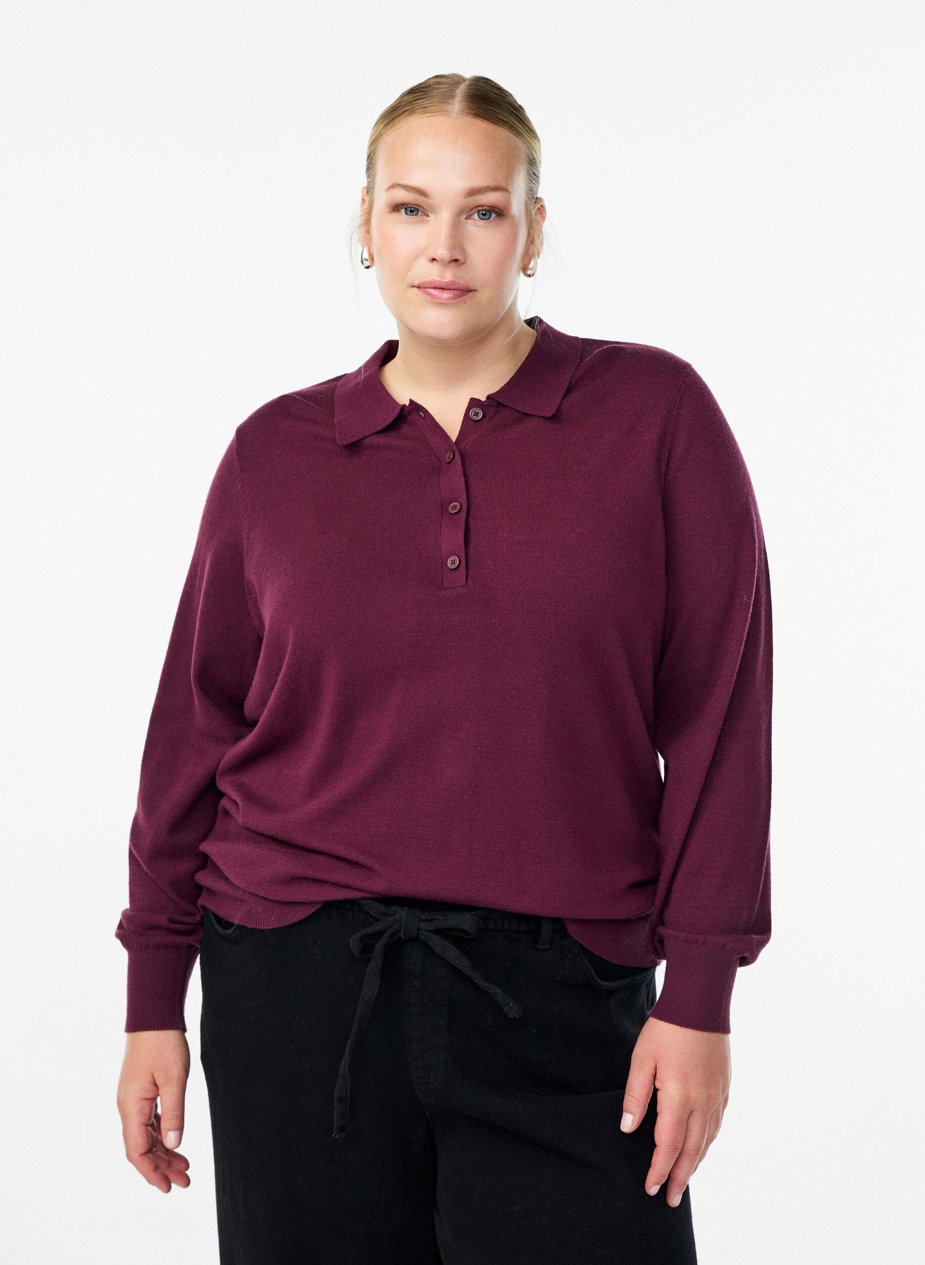 Zizzi Strickbluse mit Kragen, Dunkles Bordeaux, Model image number 0