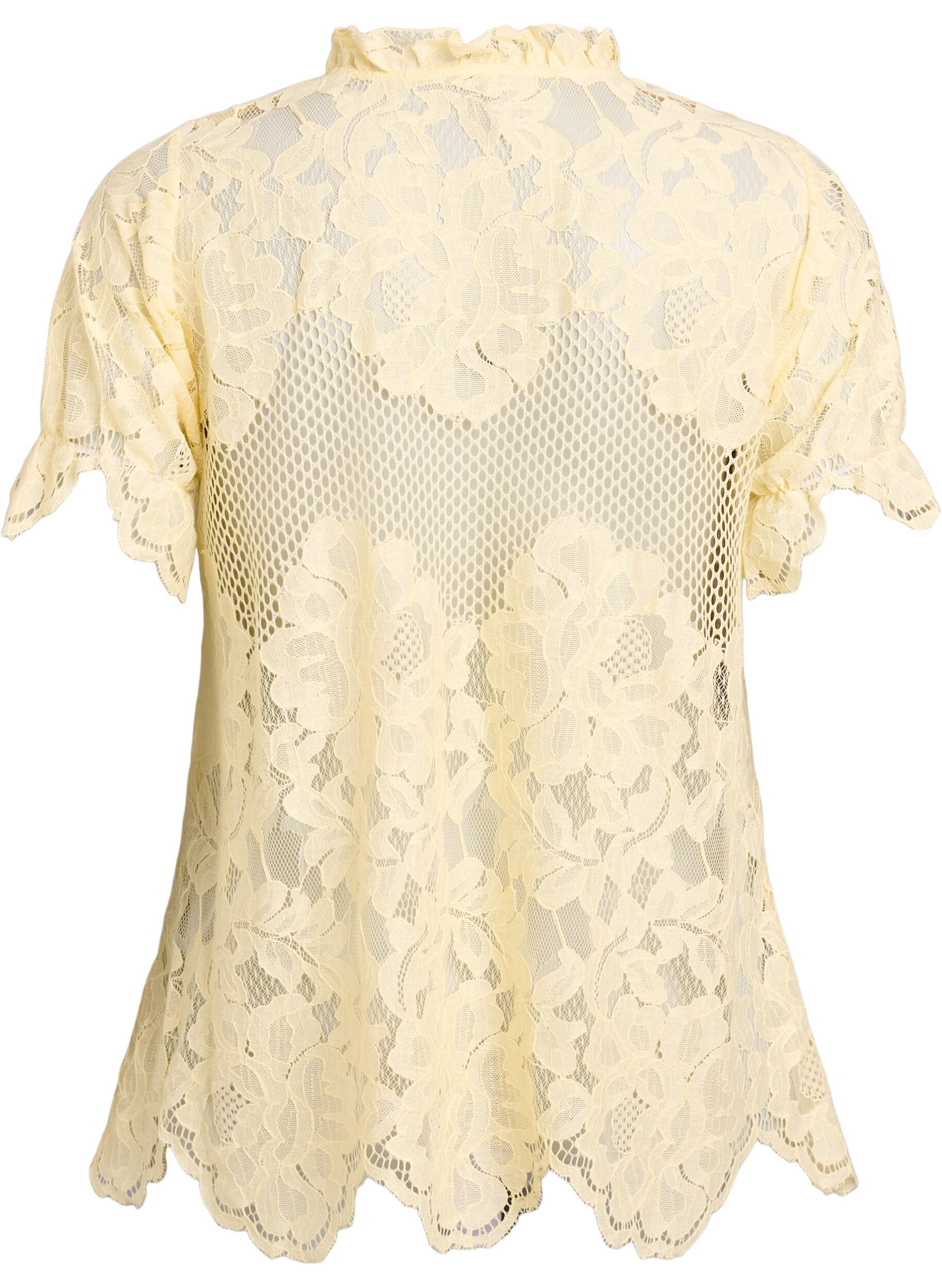 ZizziBluse aus Spitze mit R&uuml;schenkragen und kurzen &Auml;rmeln, Gelb, Packshot image number 1