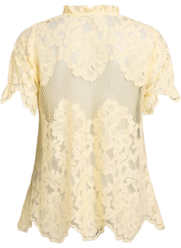 Bluse aus Spitze mit R&uuml;schenkragen und kurzen &Auml;rmeln, Gelb, Packshot image number 1