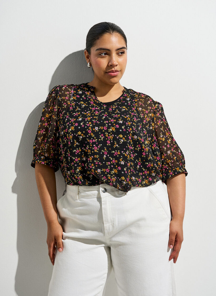 Gebl&uuml;mte Bluse mit V-Ausschnitt, Schwarz, Image image number 0