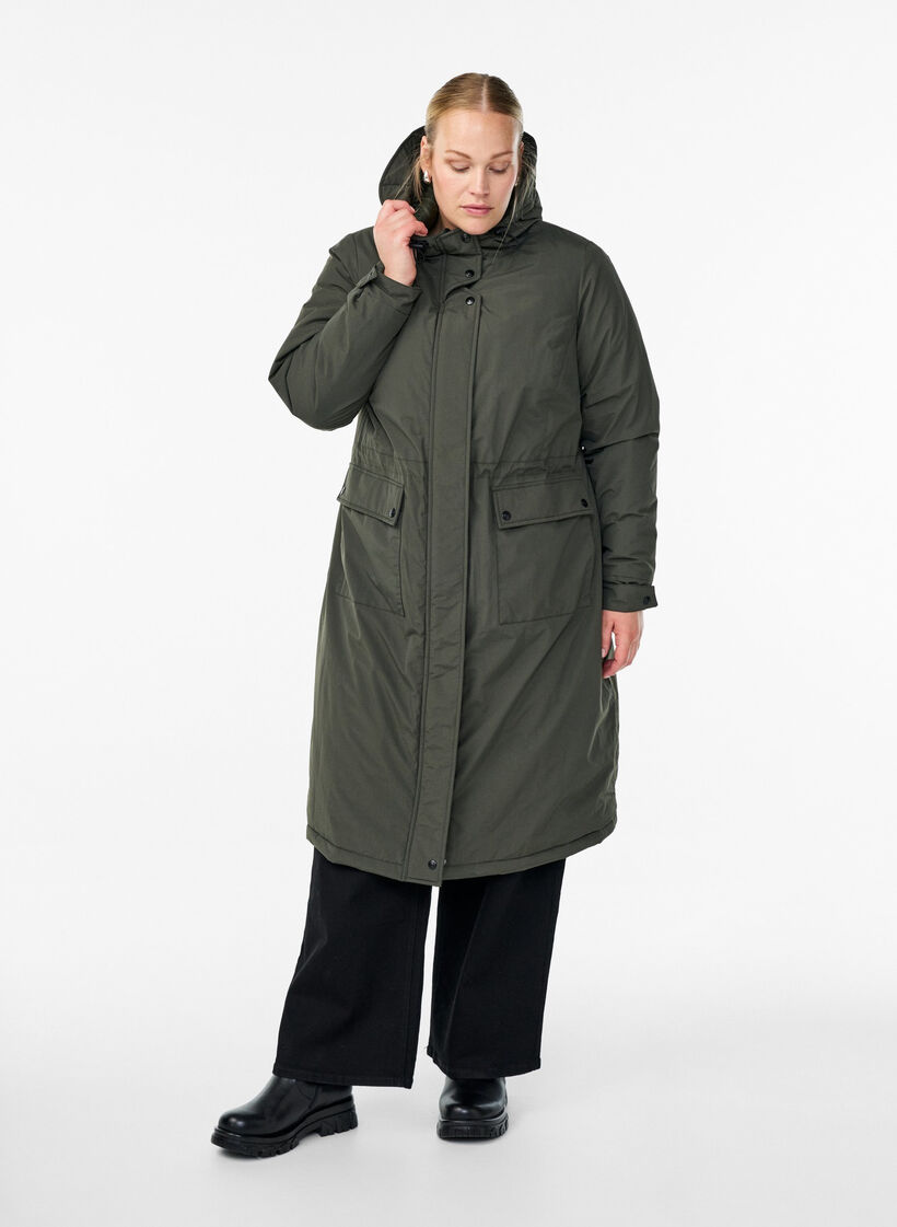 Parka mit Kapuze und verstellbarer Taille, Grün, Model image number 1