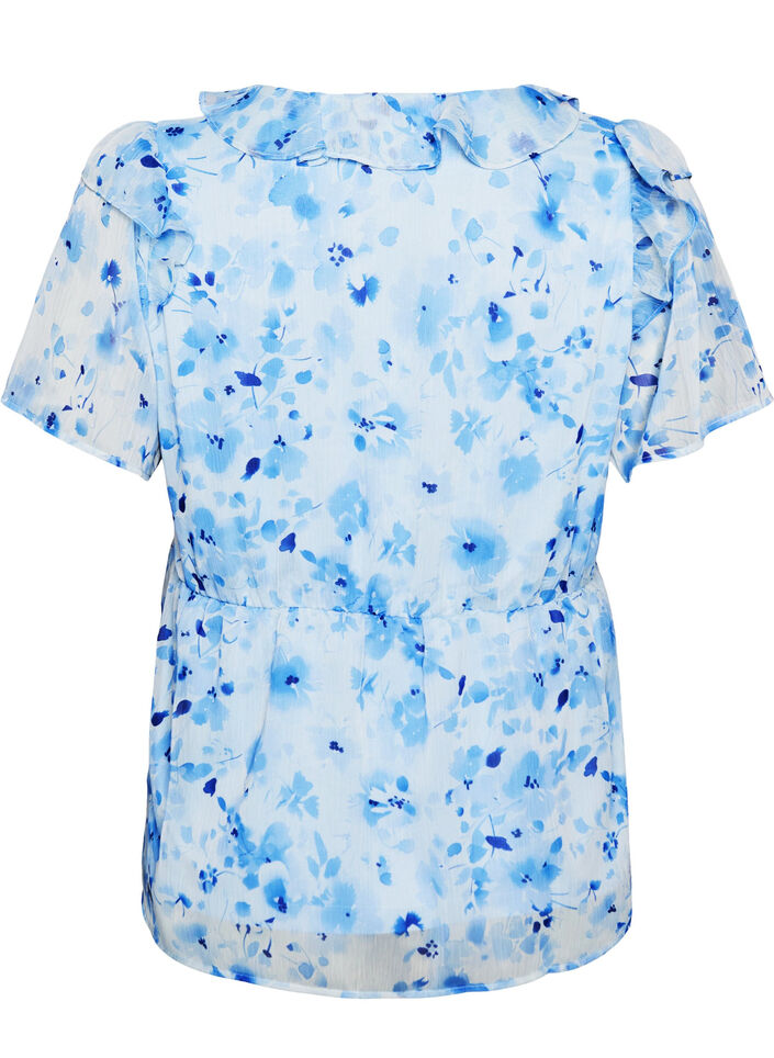 Gebl&uuml;mte Bluse mit R&uuml;schenkragen und Peplum-Effekt, Blau, Packshot image number 1