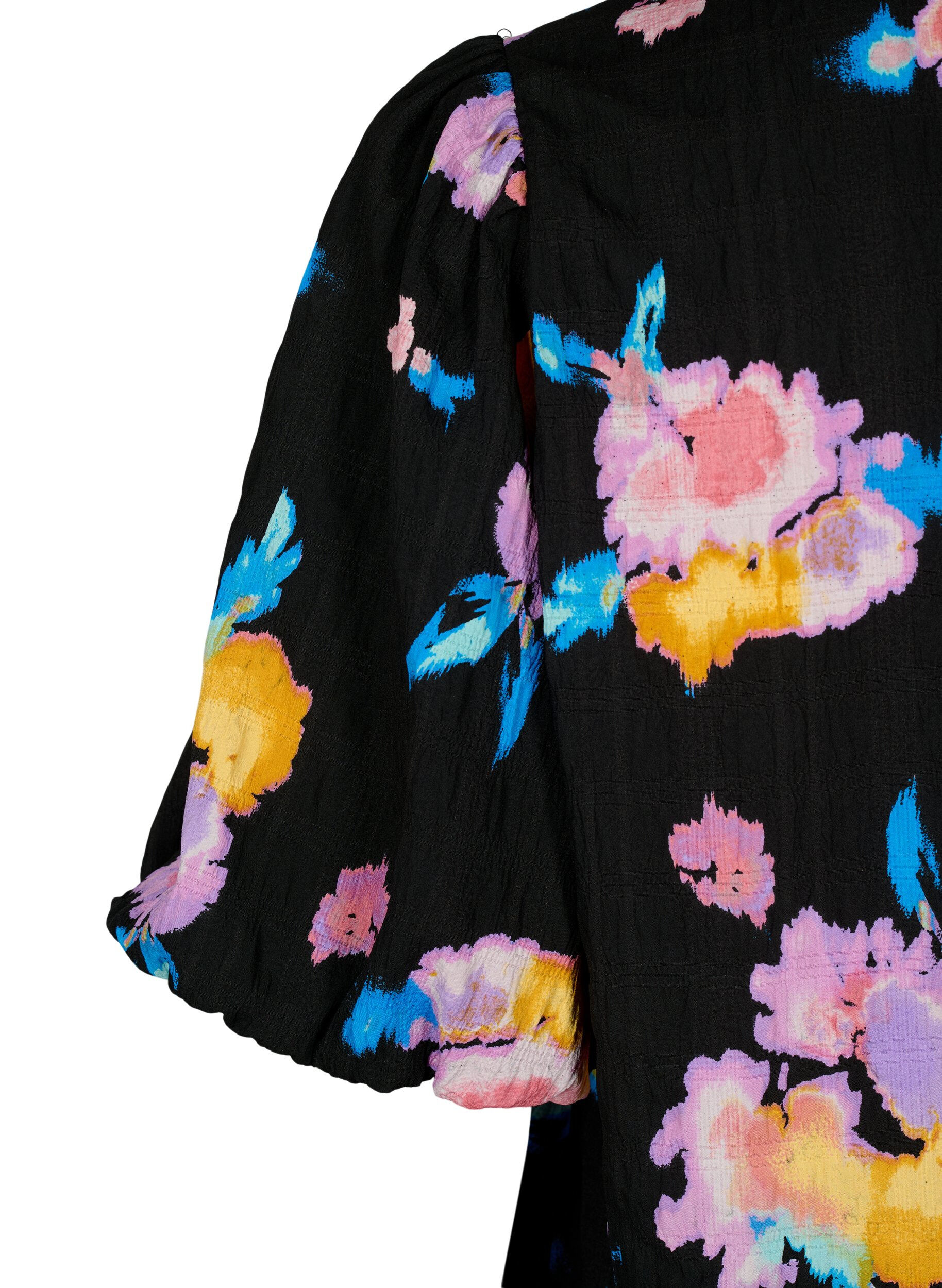Zizzi Kleid mit kurzen Puff&auml;rmeln und Blumenmuster, Schwarz, Packshot image number 3