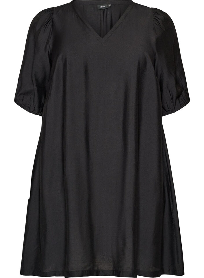 Kurzes A-Linien-Kleid mit V-Ausschnitt, Schwarz, Packshot image number 0