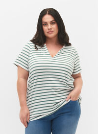 Baumwoll-T-Shirt mit Streifen und V-Ausschnitt, B.White/SeaP.Stripes, Model