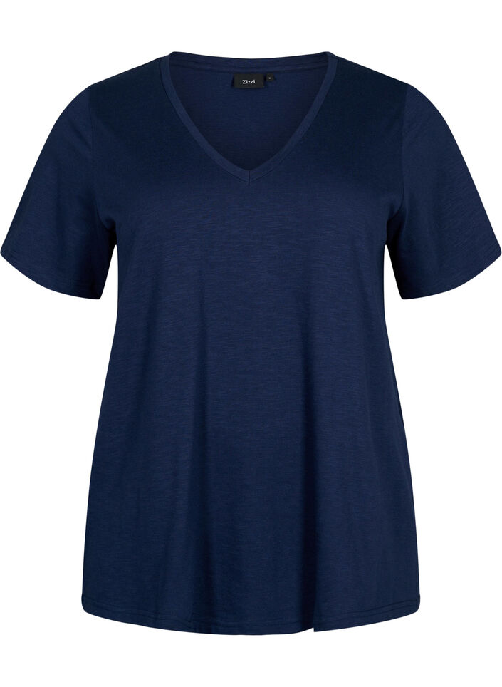 Kurzärmliges Basic-T-Shirt mit V-Ausschnitt, Blau, Packshot image number 0
