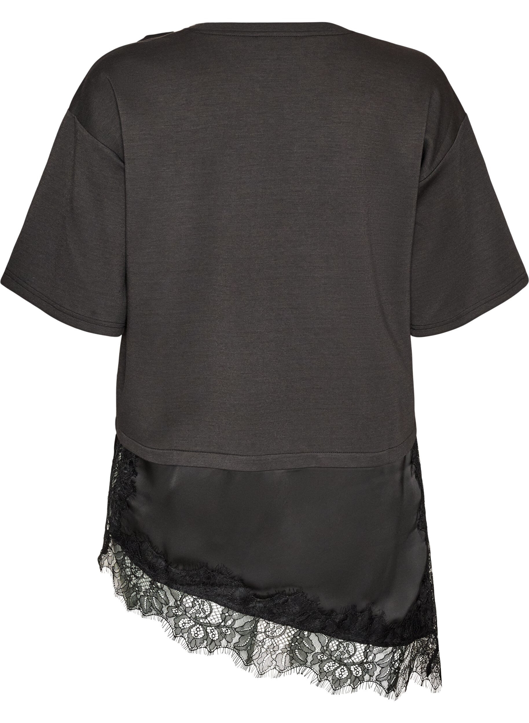 ZizziJerseybluse im Lagenlook mit Spitze, Schwarz, Packshot image number 1