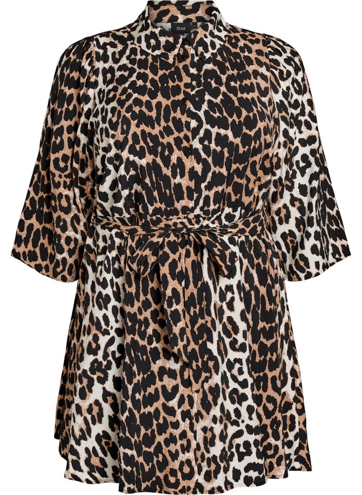 Gemusterte Tunika mit Bindeg&uuml;rtel und 3/4-&Auml;rmeln, Braun, Packshot image number 0