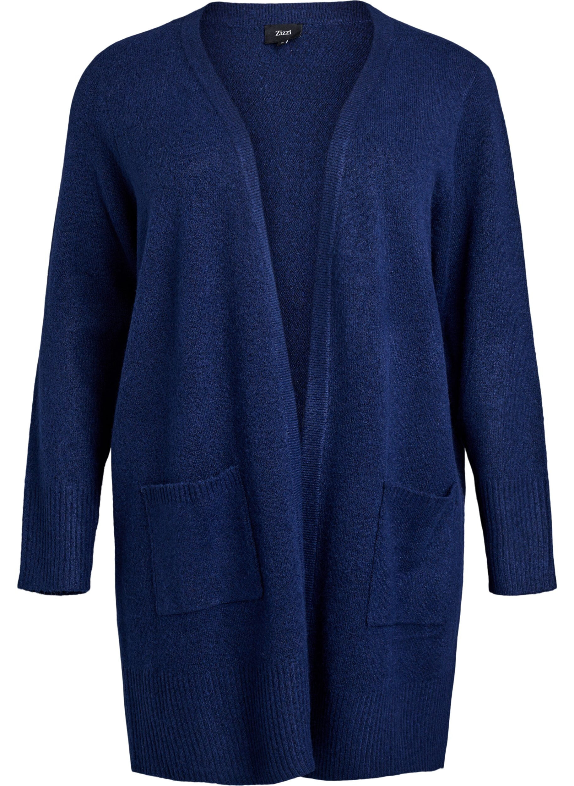 Zizzi Strickjacke mit Rippenstrick und Taschen, Blau, Packshot image number 0