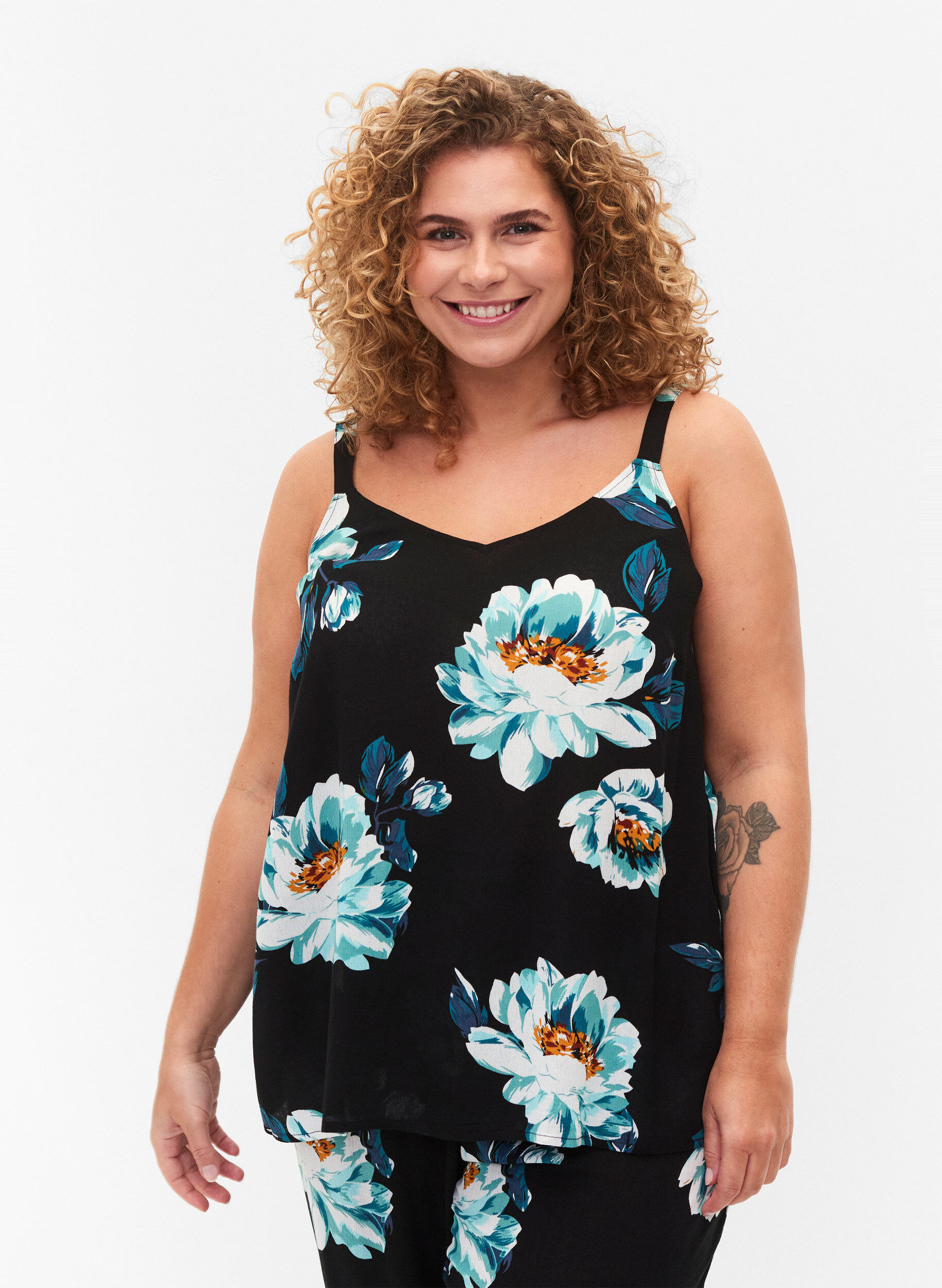 Zizzi &Auml;rmelloses Top aus Viskose, Black Big Flower, Model image number 0