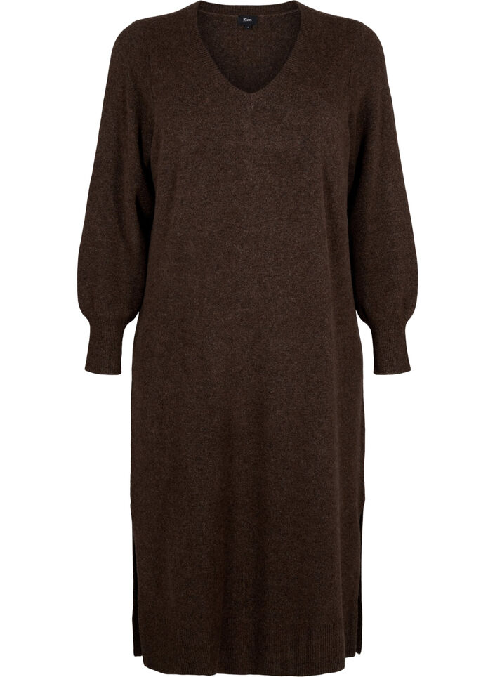 Lang&auml;rmliges Strickkleid mit V-Ausschnitt, Braun, Packshot image number 0