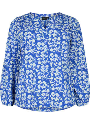 Langarm Bluse mit Print und V-Ausschnitt, Blue White Flower, Packshot image number 0