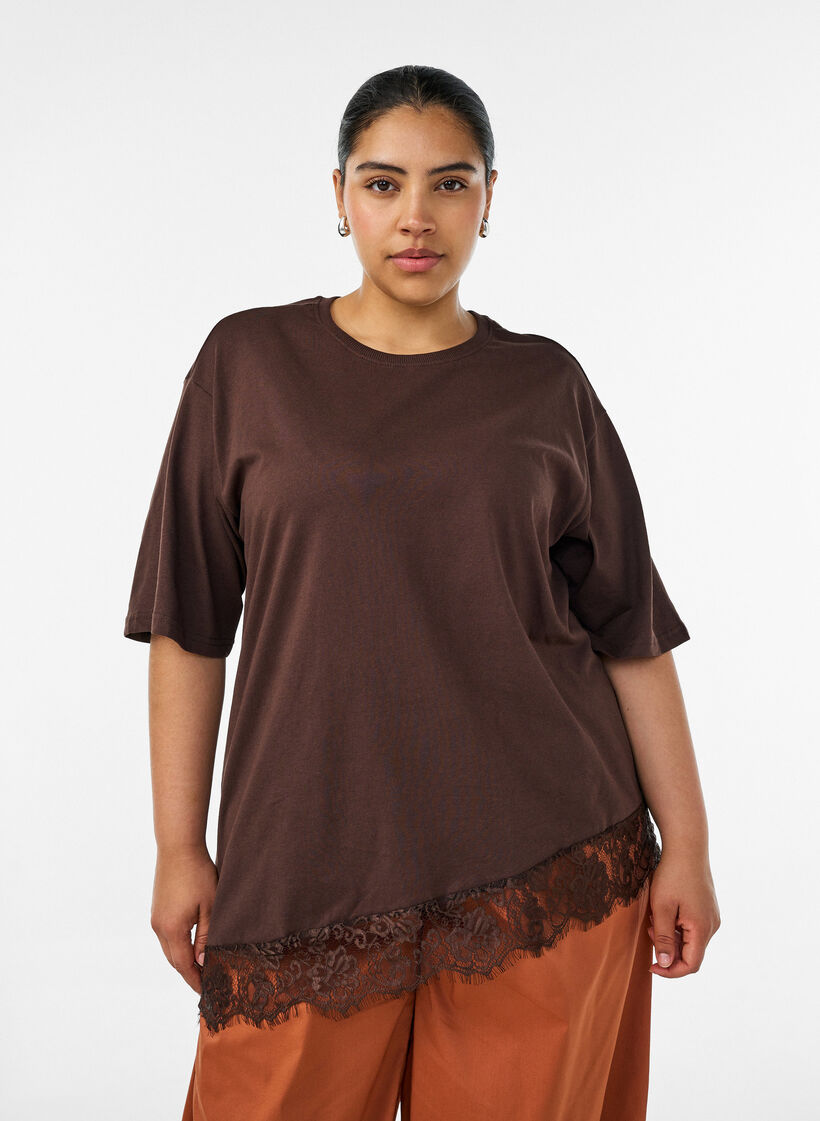 T-Shirt mit asymmetrischem Spitzensaum, Braun, Model image number 0