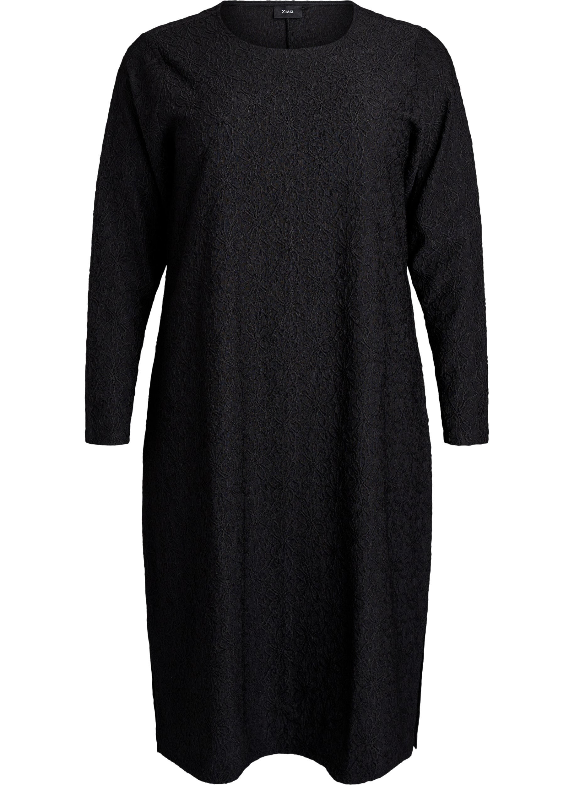 Zizzi Gebl&uuml;mtes, strukturiertes Kleid mit langen &Auml;rmeln, Schwarz, Packshot image number 0