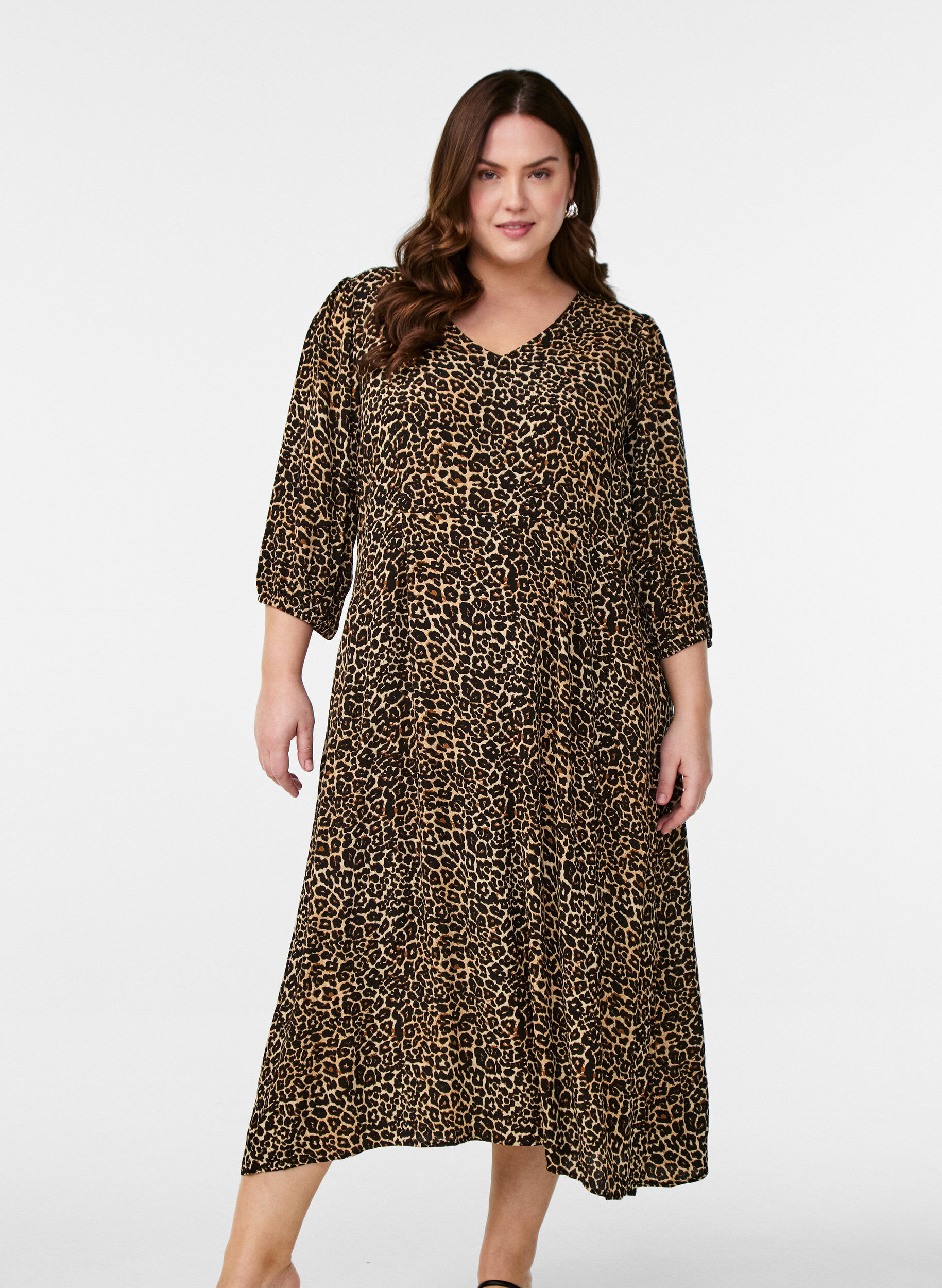 Zizzi Midikleid mit Leopardenmuster und 3/4-&Auml;rmeln, Braun, Model image number 0