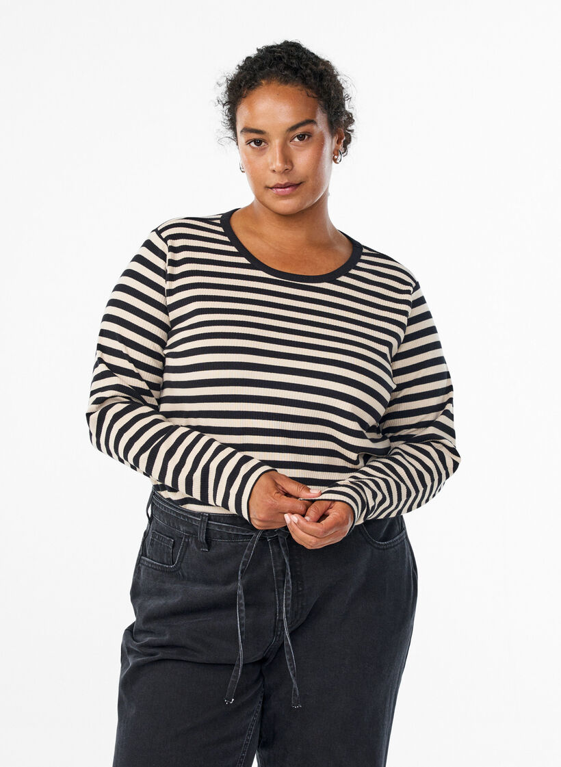 Gestreifte Bluse mit langen Ärmeln, Schwarz, Model image number 0