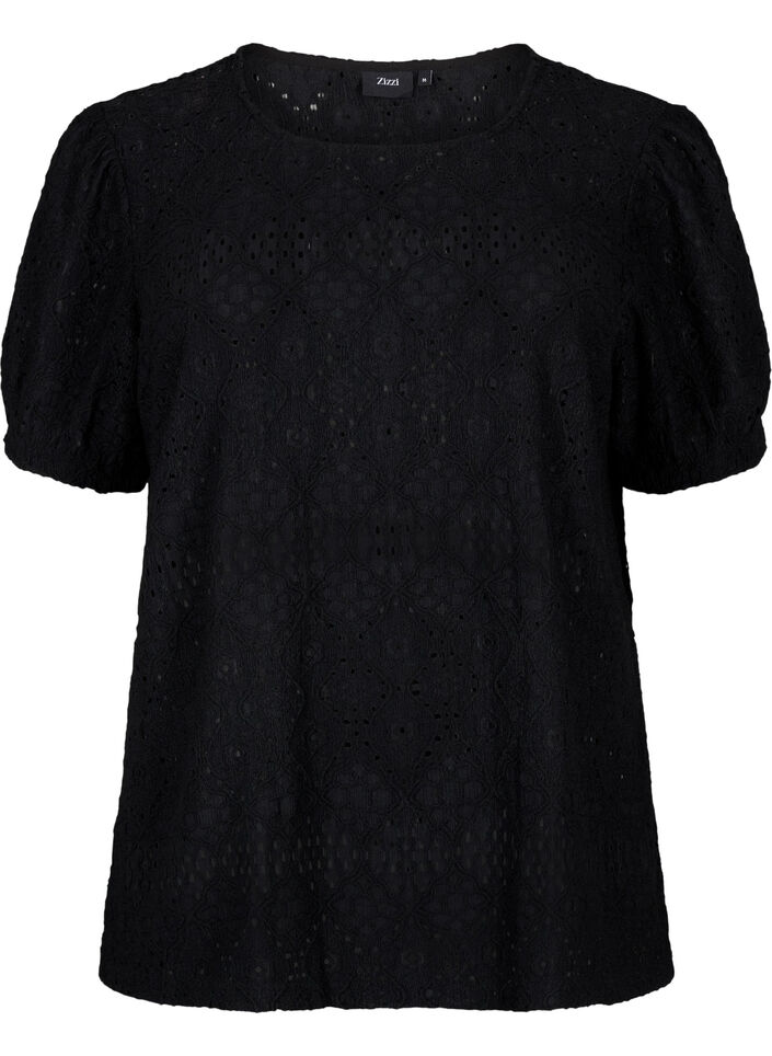  Kurzärmelige Bluse mit Lochmuster, Black, Packshot image number 0