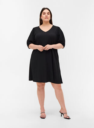 Kleid mit Puffärmeln und V-Ausschnitt, Black, Model image number 2