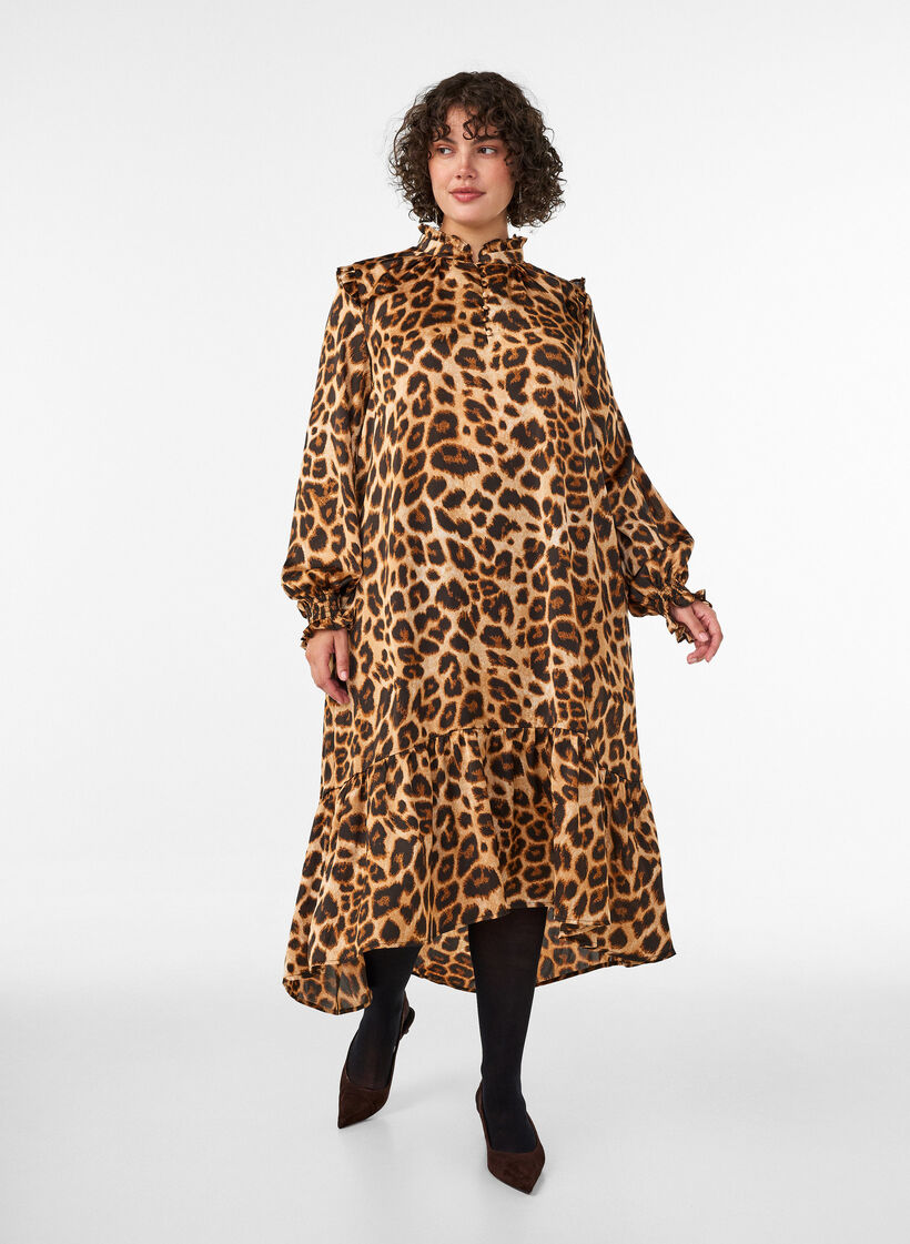 Kleid mit Leopardenmuster und R&uuml;schendetails, Braun, Model