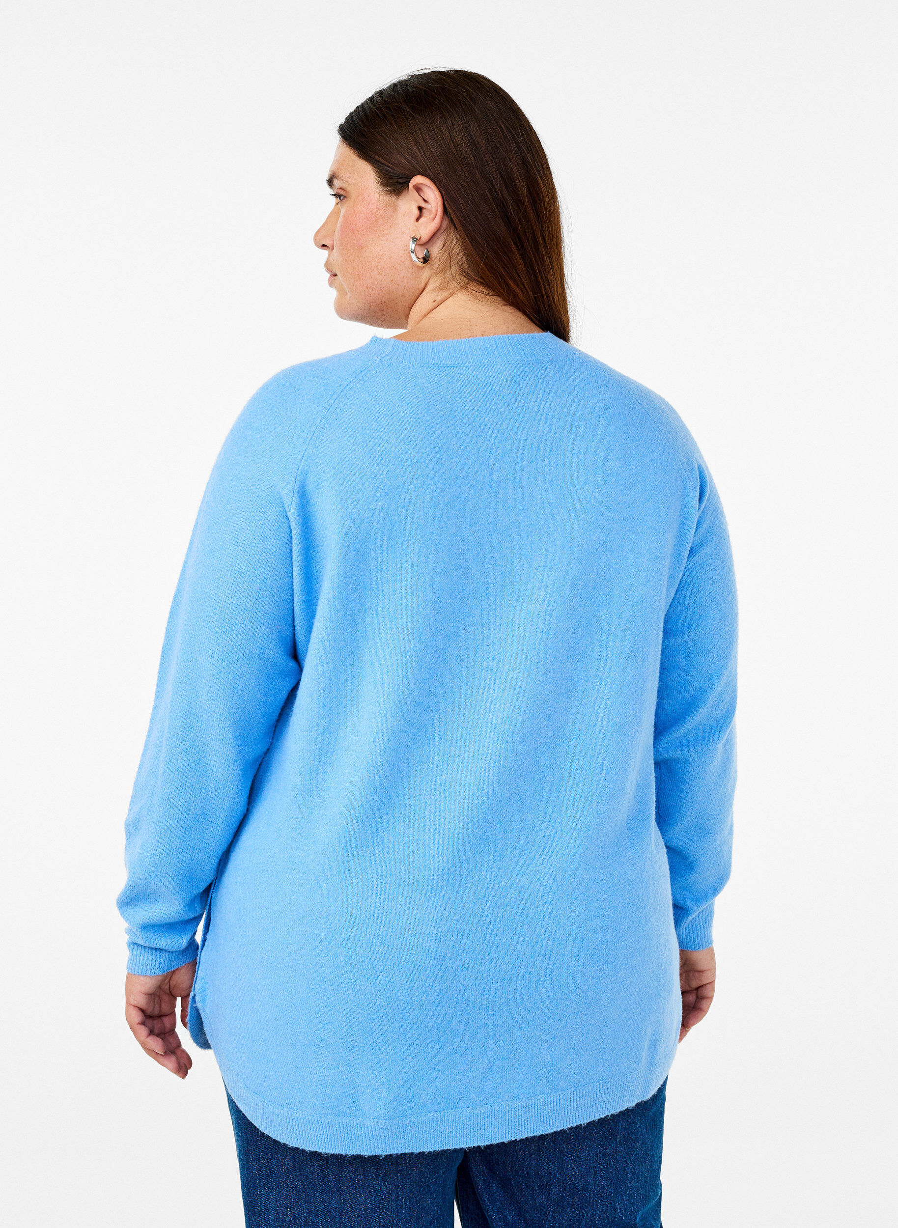 Zizzi Lange Strickbluse mit Knopfdetail an der Seite, Della R. Blue Mel., Model image number 1