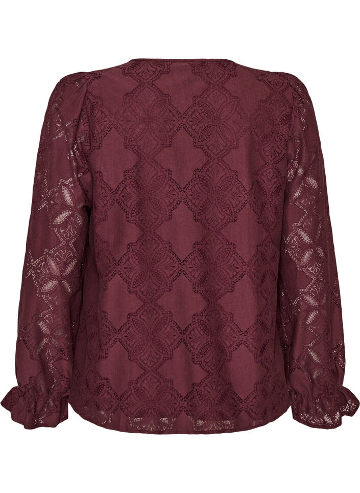 Langarmbluse mit Spitzenmuster, Dunkles Bordeaux, Packshot image number 1