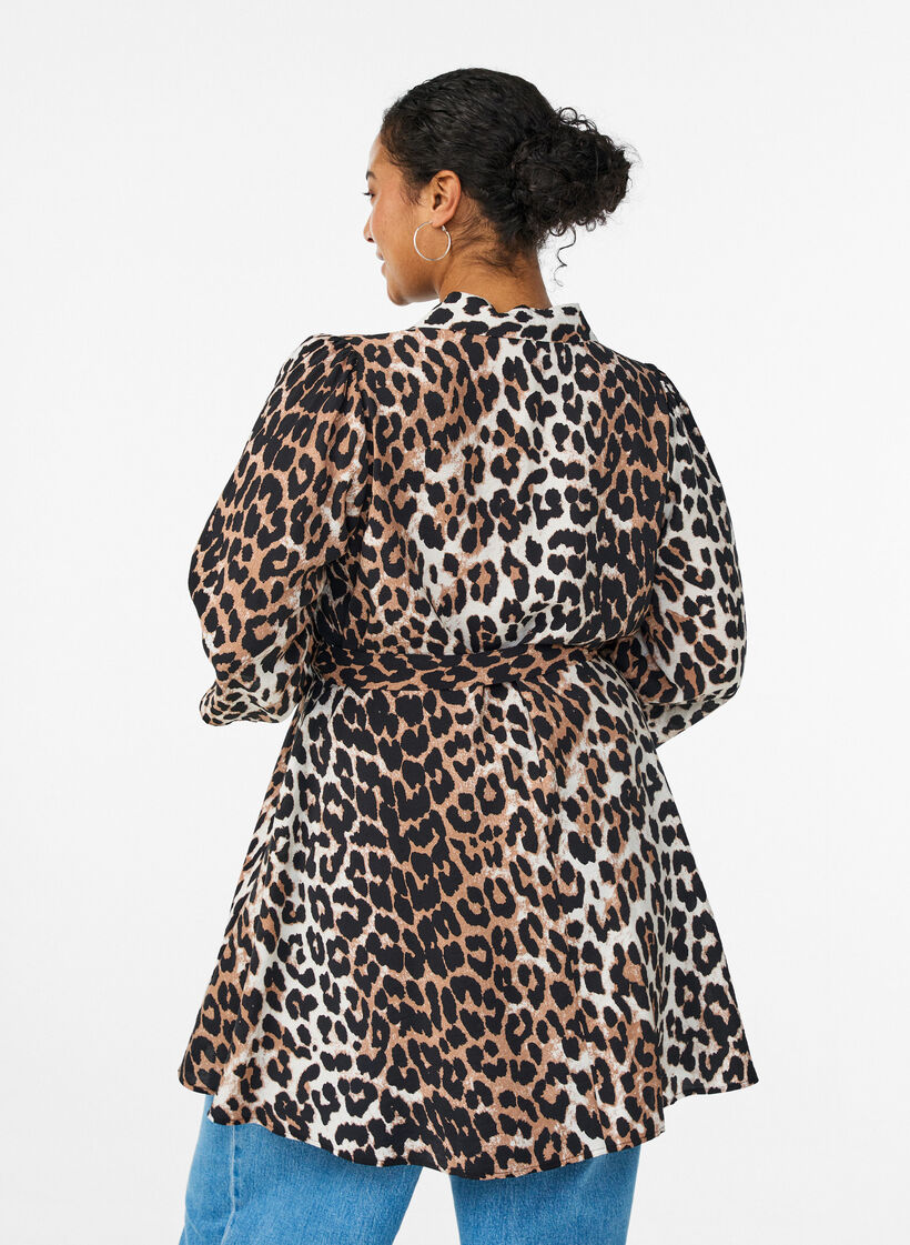 Gemusterte Tunika mit Bindeg&uuml;rtel und 3/4-&Auml;rmeln, Braun, Model image number 2